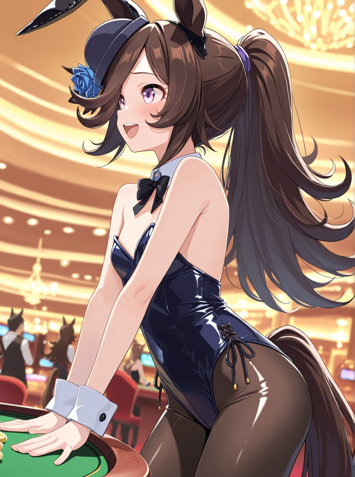 (((Wearing a penguin-colored costume, Leather panties, skirt, Pantyhose, Stiletto heels, Penguin hat))), ((Shiny Costumes)), skindentation, skinny, solo, 1 woman, Masterpiece, highest quality, highest quality, 16K, incredibly absurd, highly detailed, 2.5D, ai-generated, delicate and dynamic, very delicate facial expressions, delicate eye depiction, erotic, only sexy woman, ((A cute and kind face)), healthy figure, ((1 woman)), 160cm tall, medium firm swaying bust, Dark Hair, blush, Sweat,Embarrassed,sexy, ((thin thighs)), shiny and lustrous, facing straight at viewer, (((in heat))), ((Oily_skin)), ((Lots of sweat)), (((Brown Skin))), ((dutch angle)), ((erotic pose)), (((Dynamic Pose))), ((Being or sitting at the casino)),