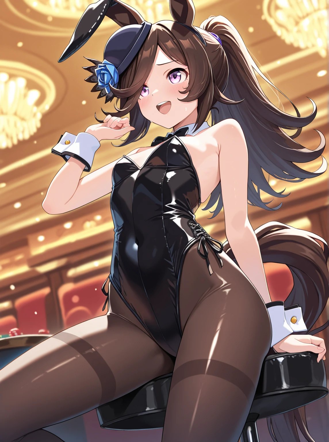 quality\(masterpiece, best quality,8k,wallpaper of extremely detailed CG unit,hight resolution,top-quality,top-quality real texture skin,hyper realisitic,increase the resolution,RAW photos,best qualtiy,highly detailed,the wallpaper\), BREAK ,1girl\(devil girl,,cute,black hair,(blue skin),black bunny suit,pantyhose,red eye,big eyes,eye shining,drinking blood,smile,sharp teeth,open mouth,blue horn\), BREAK ,background(outside,night,neon,backstreet),anime style,from below