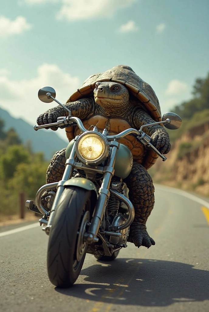 Turtle riding a motorcycle with a dog as copilot
