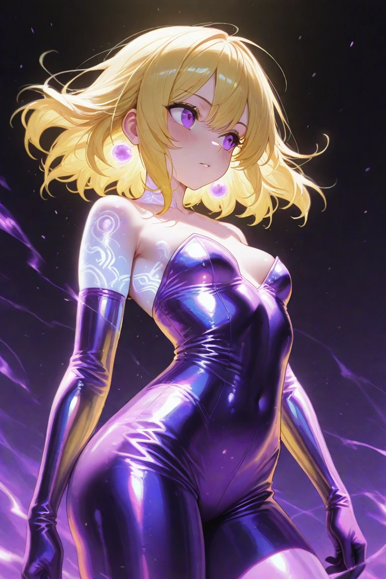(masterpiece, best quality:1.5), (ultra detailed, high resolution, 8k, beautiful detailed, UHD, best anatomy), blonde hair, flat breasts, 1 cool girl, Background is red and blue flame effects, Jet black robe, Purple fiery aura over one eye, standing, night, Serious expression