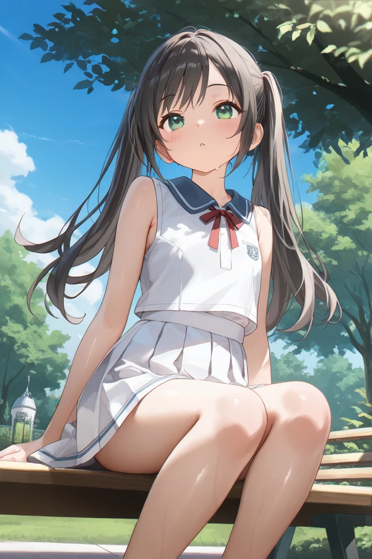 koganetsukioka, kogane tsukioka, (brown eyes:1.5), brown hair, hair tie, ponytail,
BREAK bare legs, blue skirt, collarbone, collared shirt, miniskirt, shirt, short sleeves, skirt, tented shirt, tied shirt, tight clothes, tight shirt, white shirt, wing collar,
BREAK looking at viewer,
BREAK outdoors,
BREAK (masterpiece:1.2), best quality, high resolution, unity 8k wallpaper, (illustration:0.8), (beautiful detailed eyes:1.6), extremely detailed face, perfect lighting, extremely detailed CG, (perfect hands, perfect anatomy),(white panties:1.5), (short, tiny, little:1.2), (spread legs, open legs, knee up:1.3), groin, perineum, leaning back, body tilt, shy, blush, embarrassed, arms behind back, cowboy shot, dutch angle,