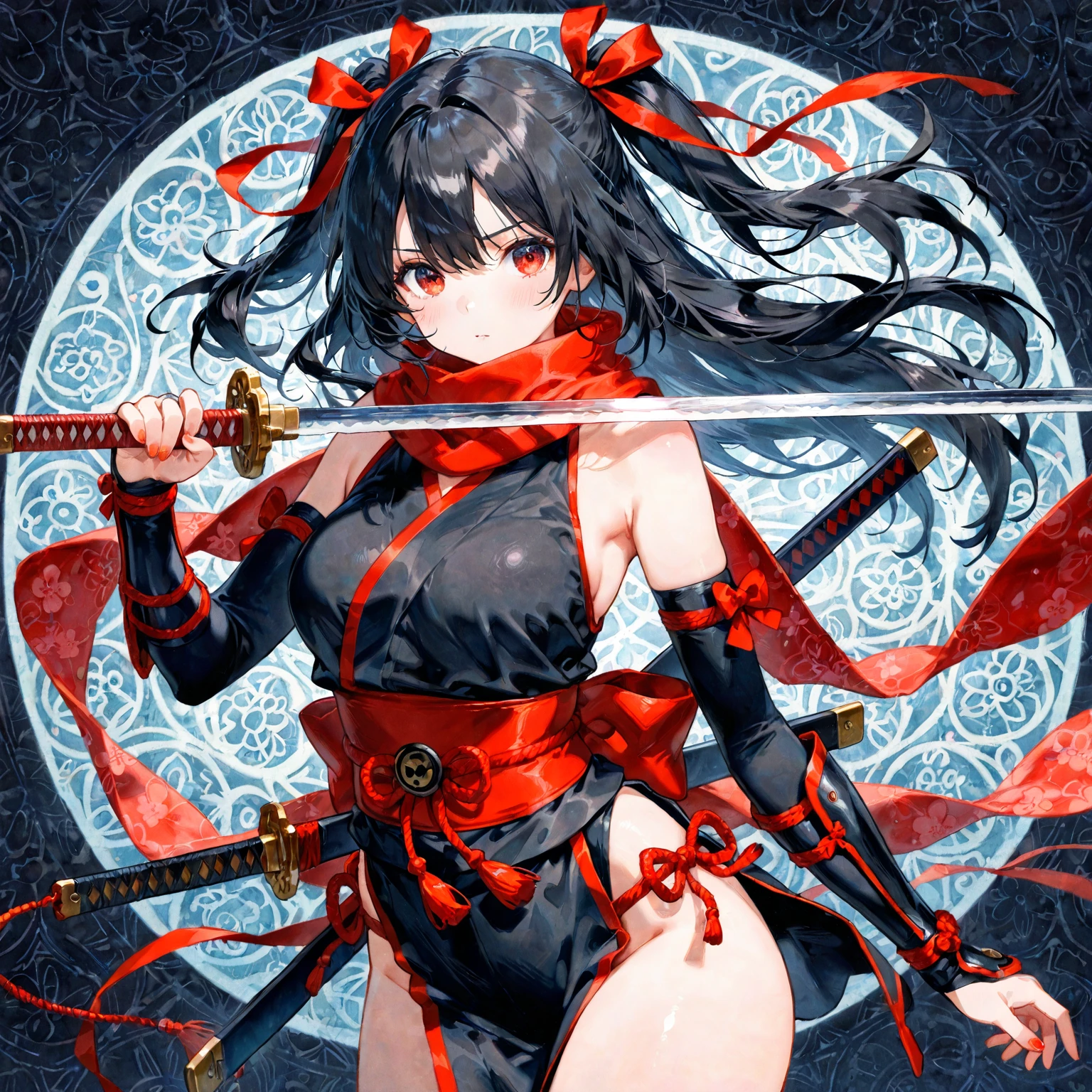 red eyes, pointy ears, long black hair, purple lipstick, makeup, pale skin, anatomically correct, bulge to ass, holding katana female focus, sword, holding, solo, wide_sleeves, 1girl, black_hair, holding_sword, bare_shoulders, detached_sleeves, looking_at_viewer, long_sleeves, standing, breasts, floating_hair, sunset, katana, cowboy_shot, cloud, midriff, medium_breasts, looking_back, back, "glow effects, godrays, Hand drawn, render, 8k, octane render, cinema 4d, blender, dark, atmospheric 4k ultra detailed, cinematic, Sharp focus, big depth of field, Masterpiece, colors, 3d octane render, 4k, concept art, trending on artstation, hyperrealistic, Vivid colors, extremely detailed CG unity 8k wallpaper, trending on CGSociety, Intricate, High Detail, dramatic", anime coloring, anime screencap, sweating, steaming body, fog, hollow eyes, facing viewer, smirk, upper teeth, purple lips, red eyes, sweating, wet, looking at viewer, glowing eyes, wet, sweating
