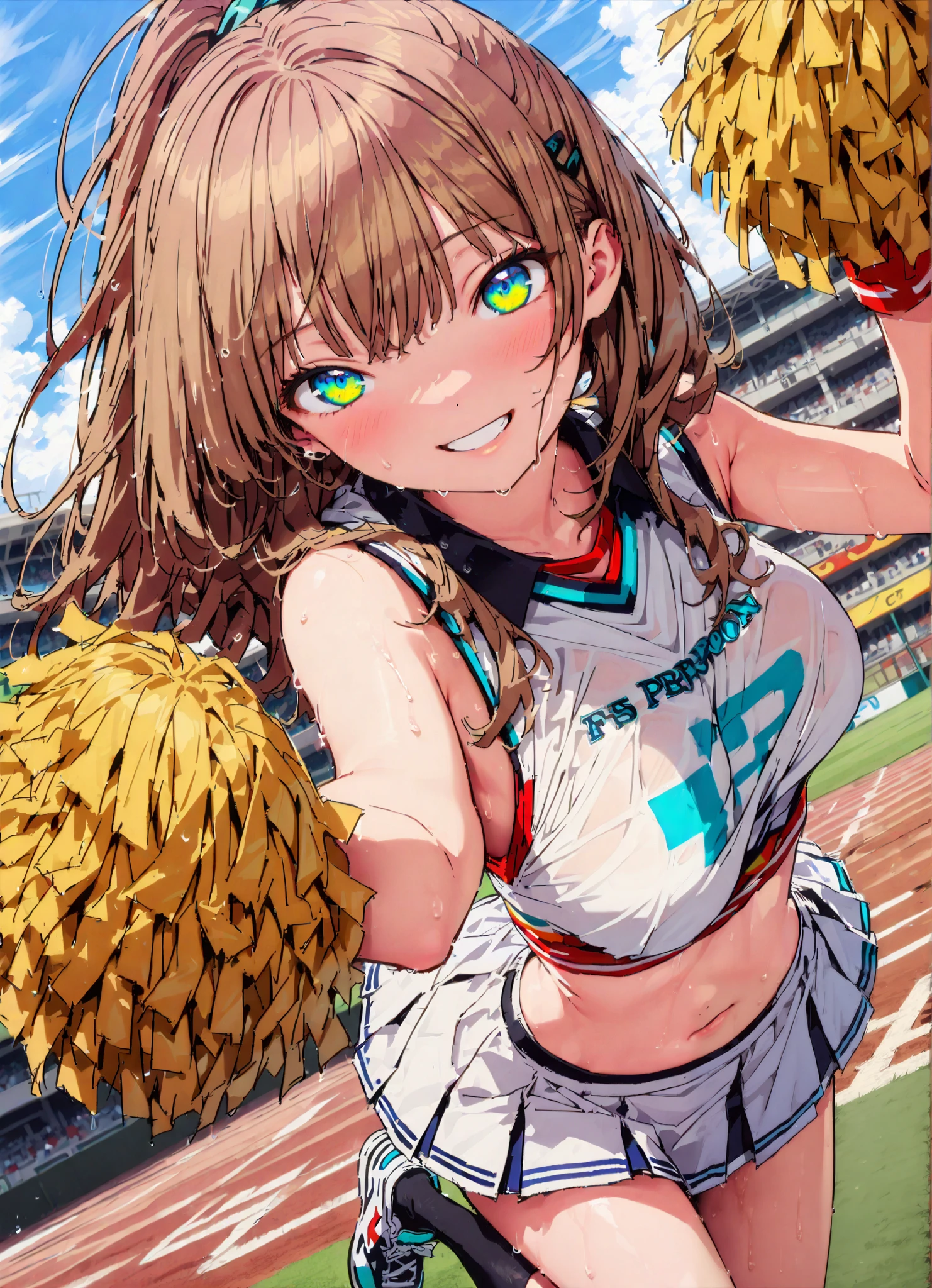score_9, score_8_up, score_7_up, source_anime,yume minami, long hair, brown hair, green eyes, bungs,smile,cover,open your mouth,ponytail from Yubi's point of view, Glowing Skin,Medium breast,(cheerleading), (full body), on chest, (made me sweat), made me sweat Wet Clothes, (white clothes),sleeveless, pleated skirt,black socks,sneakers with a ladyback letter, stomach button support , playground, (jump), (jump), 両足を曲げてjumpする, , blue sky, Compa, smile,cheerleader, Pom-pom \(cheerleading\) real hair ornaments,angle from below,full bodyがイラストに入るように,break outdoors,Stadium,
break looking at viewer,full body,
break (masterpiece:1.2),best quality , kampala,Unity 8k Wallpaper,(shape:0.8),( fine, beautiful eyes :1.6),It's a person ,full body写真,CG Details , (perfect hands,complete anatomy),