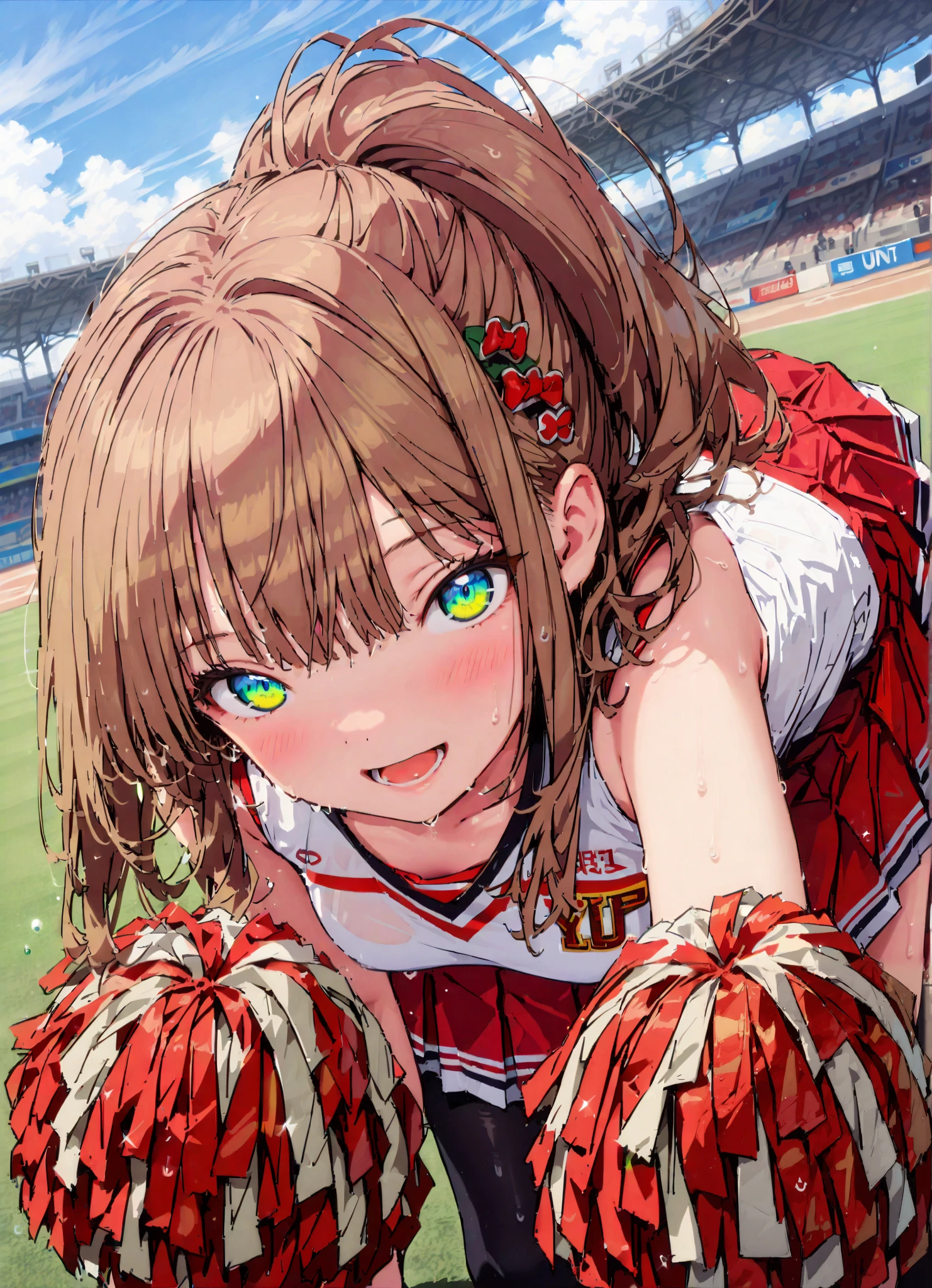 score_9, score_8_up, score_7_up, source_anime,yume minami, long hair, brown hair, green eyes, bungs,smile,cover,open your mouth,ponytail from Yubi's point of view, Glowing Skin,Medium breast,(cheerleading), (full body), on chest, (made me sweat), made me sweat Wet Clothes, (white clothes),sleeveless, pleated skirt,black socks,sneakers with a ladyback letter, stomach button support , playground, (jump), (jump), 両足を曲げてjumpする, , blue sky, Compa, smile,cheerleader, Pom-pom \(cheerleading\) real hair ornaments,angle from below,full bodyがイラストに入るように,break outdoors,Stadium,
break looking at viewer,full body,
break (masterpiece:1.2),best quality , kampala,Unity 8k Wallpaper,(shape:0.8),( fine, beautiful eyes :1.6),It's a person ,full body写真,CG Details , (perfect hands,complete anatomy),