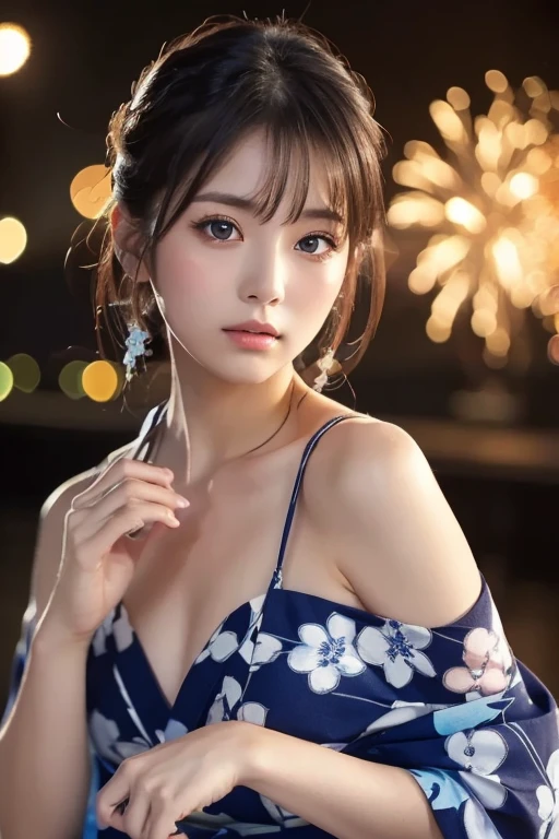 ((masterpiece, Highest quality, Super Definition, High resolution)), alone, beautiful girl, Shining Eyes, Perfect Eyes, Beautiful Japanese sisters, Fluffy yukata, Prominent cleavage, Red floral yukata, Background is fireworks at night, high resolution, 4K.