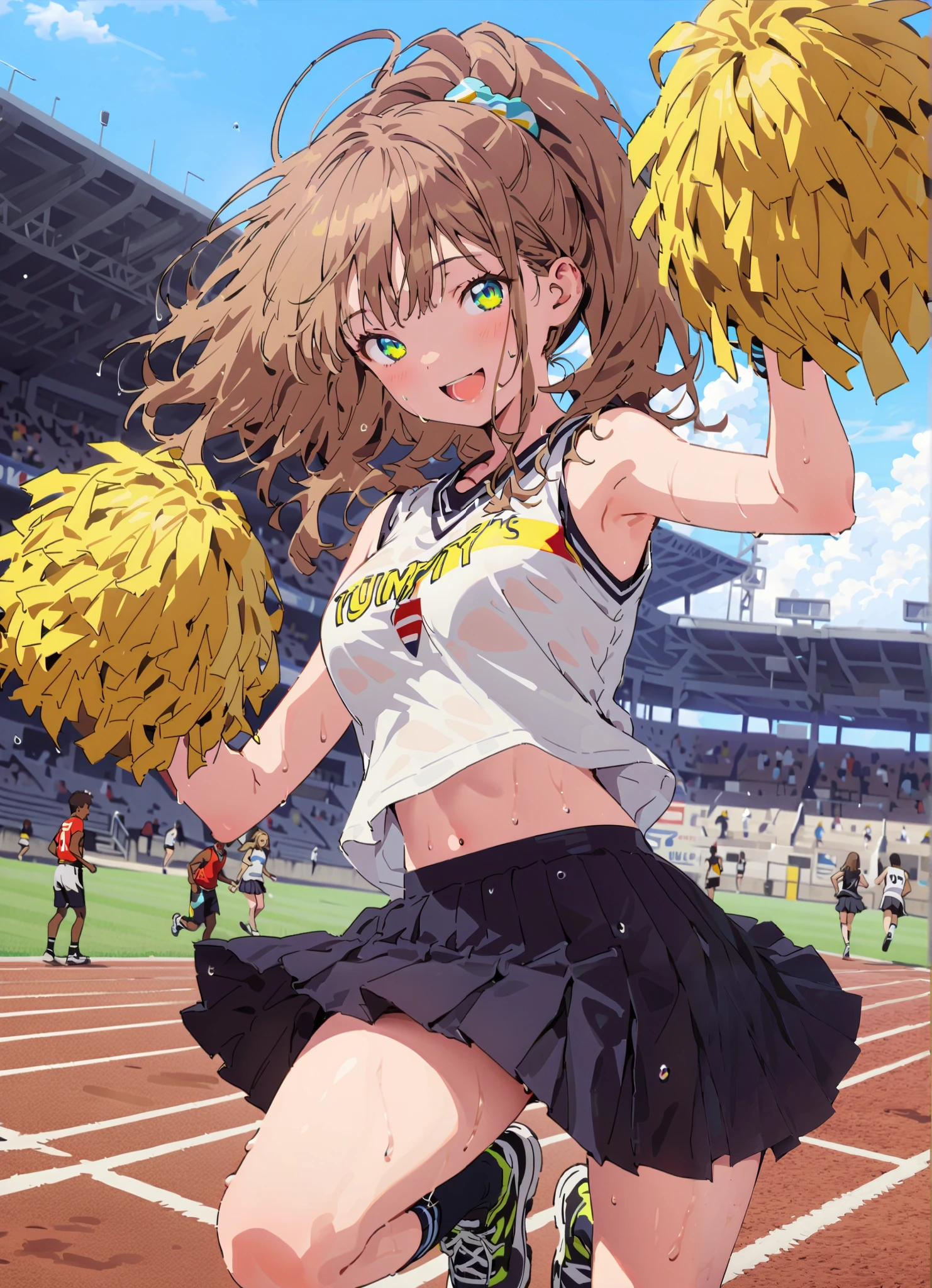 yume minami, long hair, brown hair, green eyes, bungs,smile,cover,open your mouth,ponytail from Yubi's point of view, Glowing Skin,Medium breast,(cheerleading), (full body), on chest, (made me sweat), made me sweat Wet Clothes, (white clothes),sleeveless, pleated skirt,black socks,sneakers with a ladyback letter, stomach button support , playground, (jump), (jump), 両足を曲げてjumpする, , blue sky, Compa, smile,cheerleader, Pom-pom \(cheerleading\) real hair ornaments,angle from below,full bodyがイラストに入るように,break outdoors,Stadium,
break looking at viewer,full body,
break (masterpiece:1.2),best quality , kampala,Unity 8k Wallpaper,(shape:0.8),( fine, beautiful eyes :1.6),It's a person ,full body写真,CG Details , (perfect hands,complete anatomy),