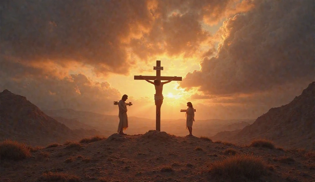 jesus walking with a boy on a hill on the way to a cross shaped gate, incredibly dark darkest path