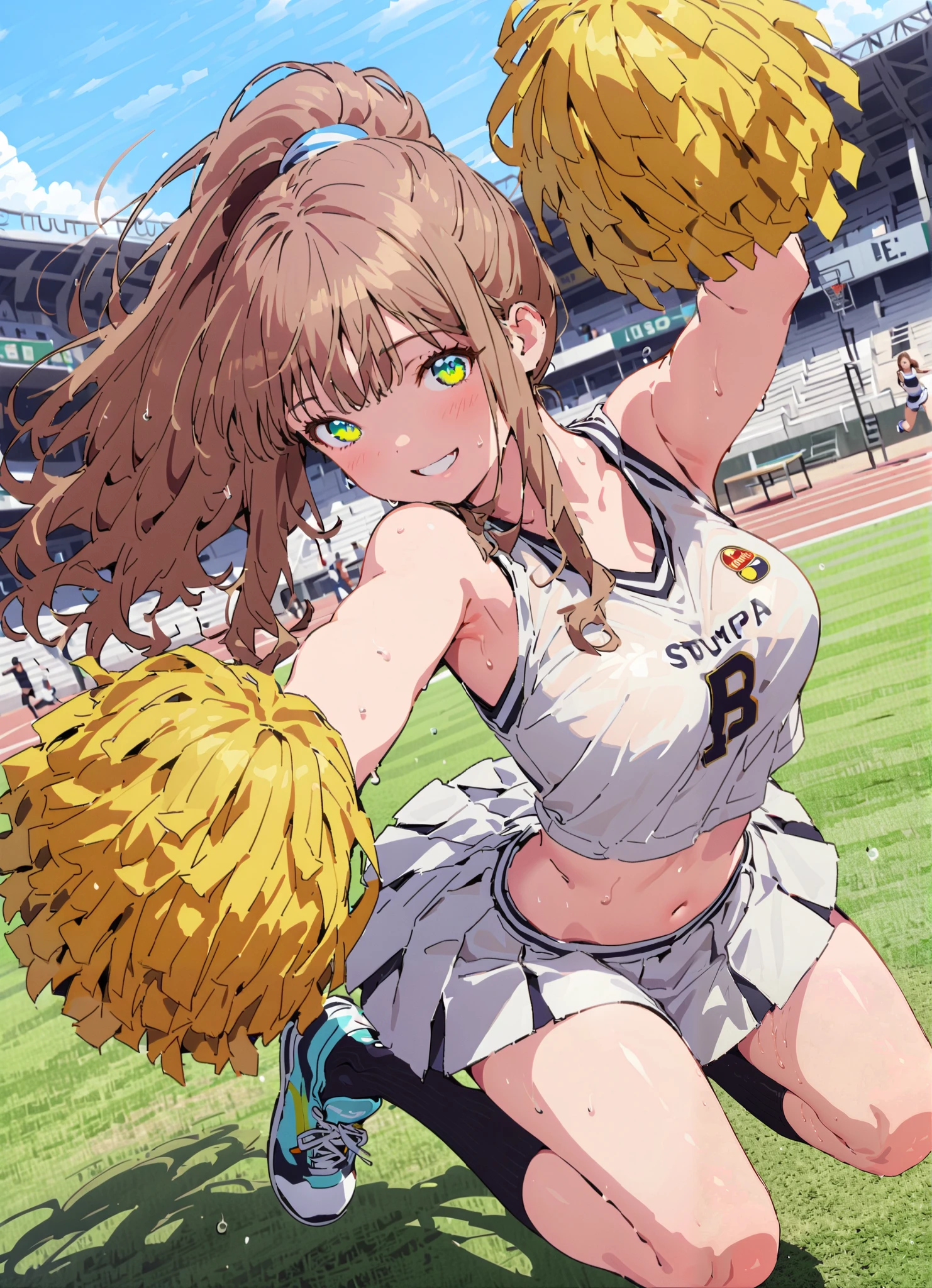 yume minami, long hair, brown hair, green eyes, bungs,smile,cover,open your mouth,ponytail from Yubi's point of view, Glowing Skin,Medium breast,(cheerleading), (full body), on chest, (made me sweat), made me sweat Wet Clothes, (white clothes),sleeveless, pleated skirt,black socks,sneakers with a ladyback letter, stomach button support , playground, (jump), (jump), 両足を曲げてjumpする, , blue sky, Compa, smile,cheerleader, Pom-pom \(cheerleading\) real hair ornaments,angle from below,full bodyがイラストに入るように,break outdoors,Stadium,
break looking at viewer,full body,
break (masterpiece:1.2),best quality , kampala,Unity 8k Wallpaper,(shape:0.8),( fine, beautiful eyes :1.6),It's a person ,full body写真,CG Details , (perfect hands,complete anatomy),