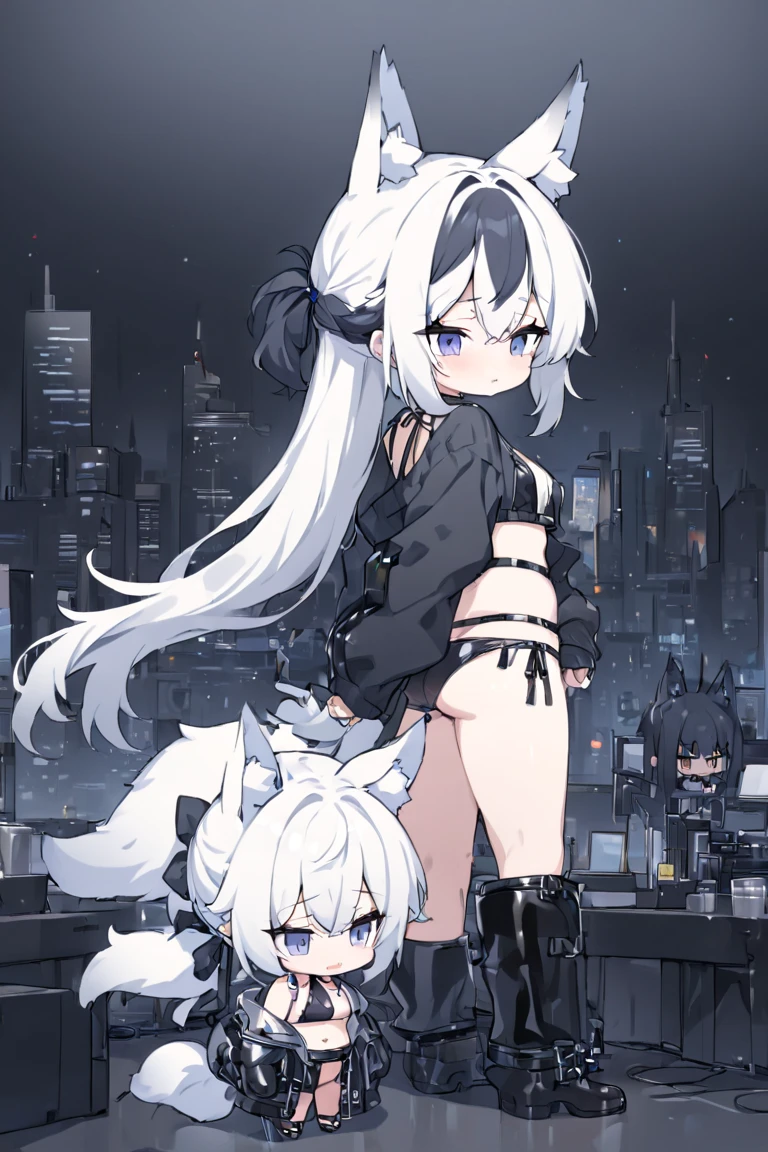 work of art, best qualityer, high resolution, 1 girl, synonym 1, scarf, mitts, ninja mask, long sleeves, short, White hair, white cat ears, white cat handle, roupas de rogue, thigh strap, holding, holding faca, ruins, heterochromia, yellow eye, blue eye, hooded cloak, rogue, ninja