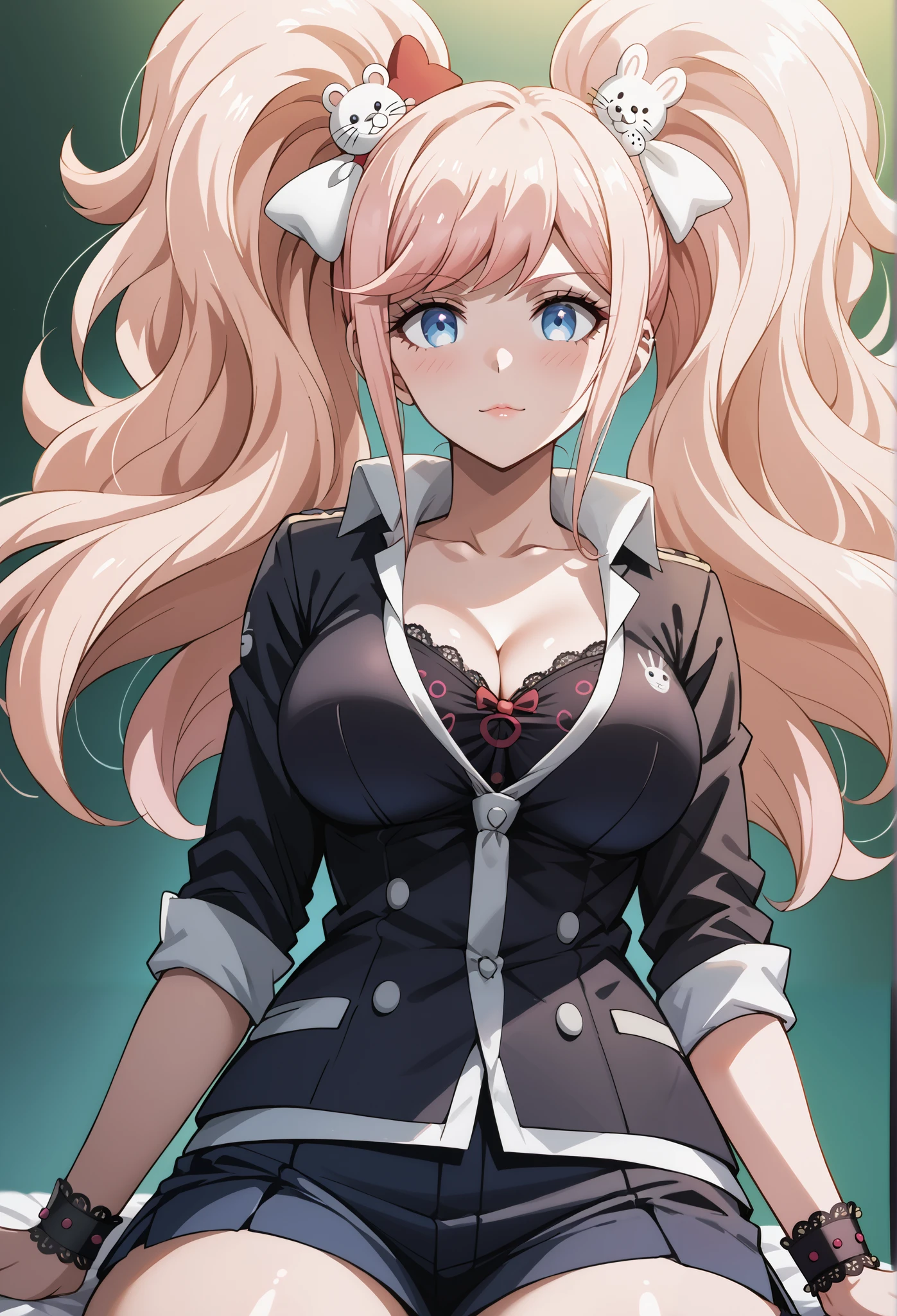 score_9, score_8_up, score_7_up, source_anime, 4K,perfect fingers,(perfect hands, perfect anatomy),prefect lighting, very aesthetic, intricate details,highly detailed background, masterpiece, high quality, best quality,
1girl, junko enoshima, long hair, bangs, blue eyes, pink hair, hair ornament, twintails, bear hair ornament, Large Breast,
wearing ((goth-ta clothes, )),
sitting, Spring Break LIVE!,
