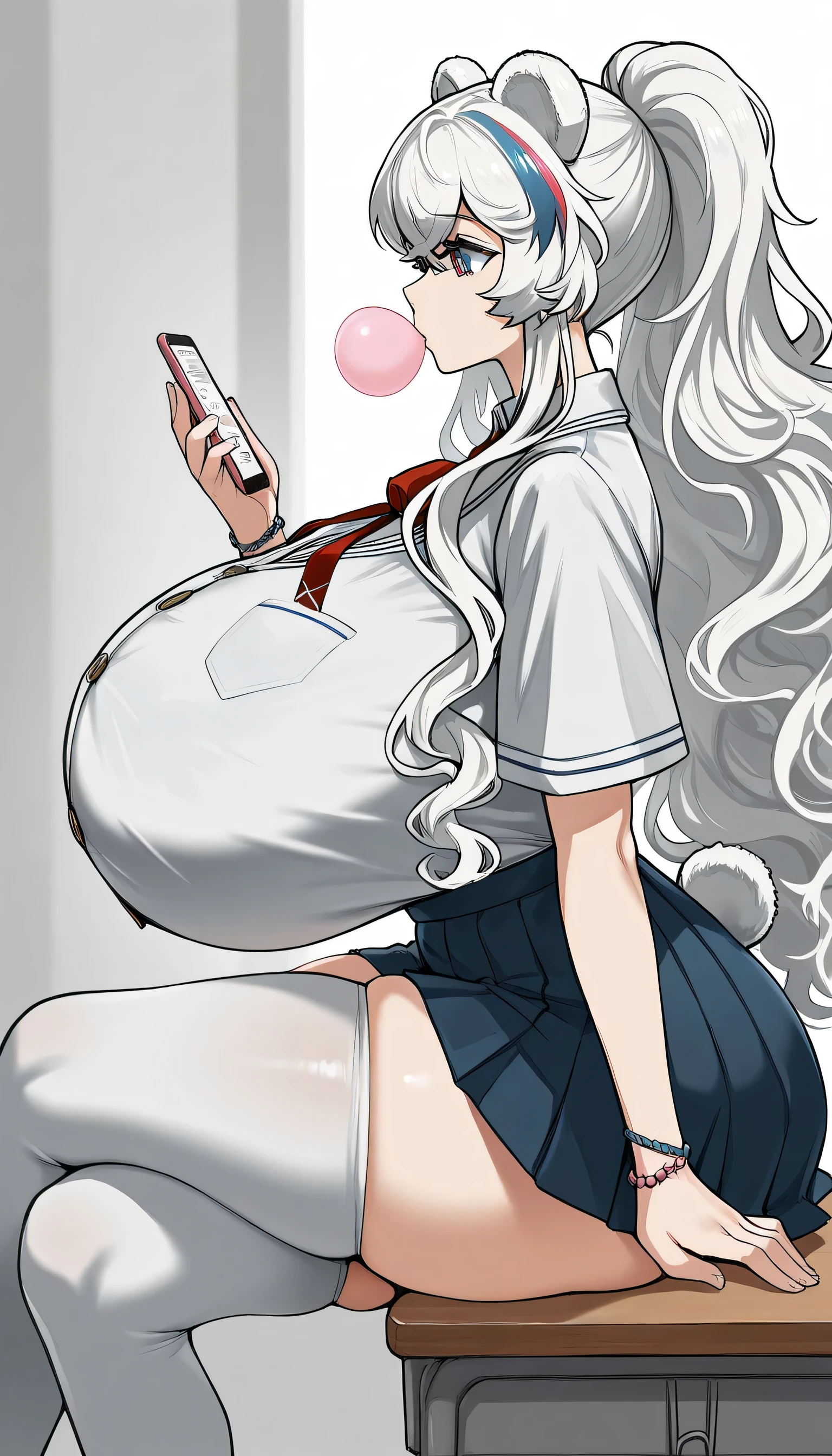 rosa_\(arknights\), heterochromia,red eye, blue eye,white hair ,streaked hair,bear ears,bear tail,long hair,wavy hair,ponytail,wavy ponytail, ,curvy,wide hips, thick highs, huge butt, huge breasts, (gigantic breasts1:8), sagging breasts, schoolgirl uniform,hairpin,chewing bubblegum, holding phone, sitting on desk, short sleeve button up shirt, breast tent,loose ribbon,red ribbon bracelet, miniskirt, tiny miniskirt, plead skirt,legs crossed,side view, side shot