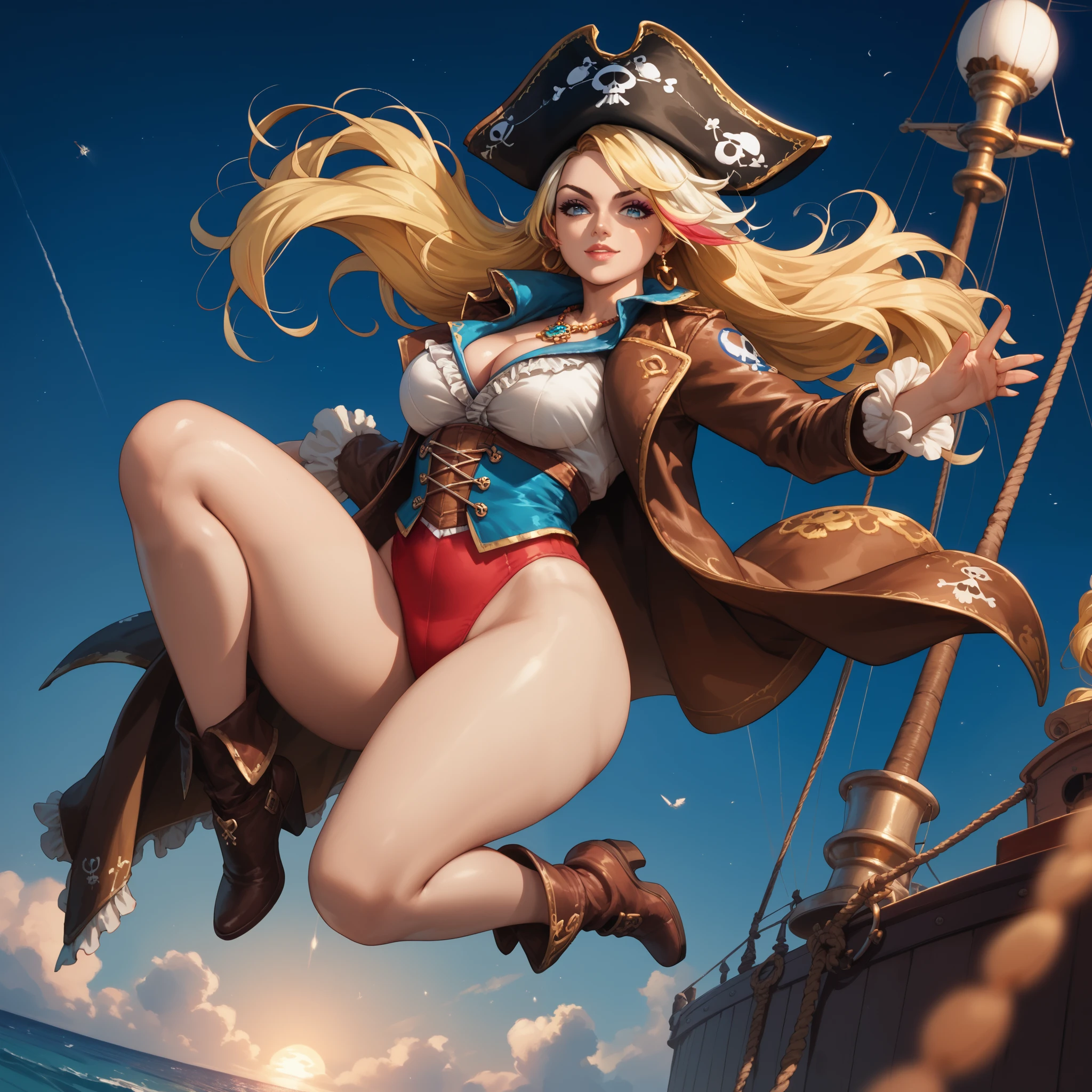 Young pirate girls sail under attack from another ship .whirlwind. storms. giant blue waves. Athletic bodies slim medium breasts medium buttocks