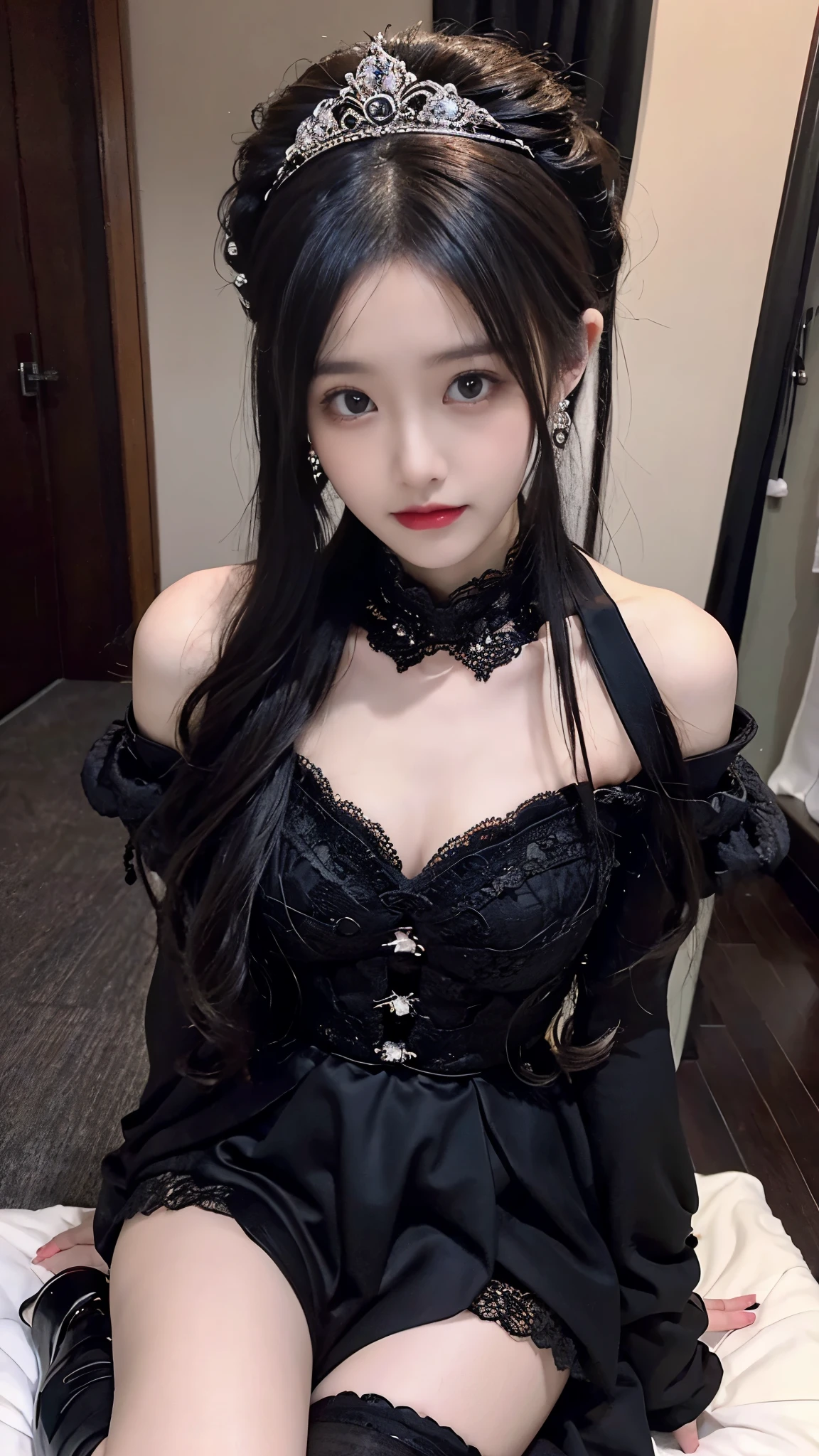 noshiro role play costume, role play,maid,apron,horn,Black thigh high masterpiece, best quality:1.2), 1 girl, alone, ((bare shoulders)), (actual:1.37), ((Lying in prison)), ((bird&#39;s eye view shooting)), Sweet maiden, fair妆容, Exquisite makeup, Extremely fair eyes, long hair, curls, slim, ((big breasts, big breasts, split)), Sexy and slender, The skirt is very short, Exposes a sexy, elegant posture, dynamic posing, best quality, correct, correct的手, correct的腿, 解剖学correct, official art, complicated, detail的脸, detail, lifelike, Very detailed, Astonishing, fair, young and energetic, Charming model, Detailed CG8k wallpaper，((Kneel on all fours))