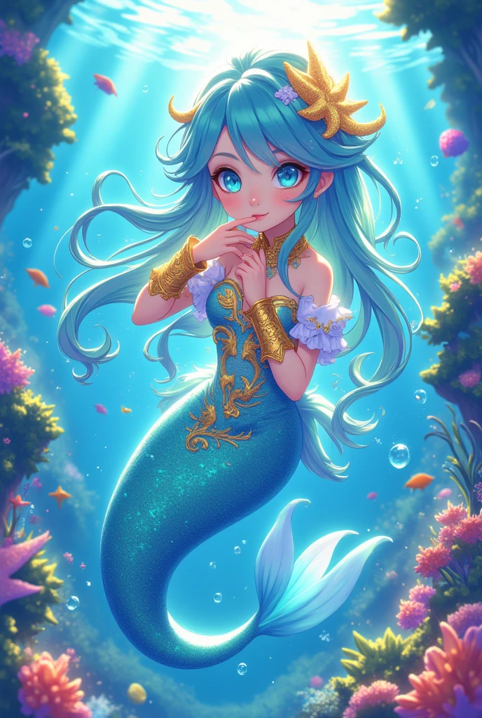 Highly detailed, masterpiece, high quality, pretty anthropomorphic mouse girl magically transformed into a mermaid, fantasy, race change, smiling, anime style, mouse ears, long mermaid tail below waistline, pelvic and dorsal fins, a pair of fish gills on her neck, seashells bra, pearl earrings and bracelets, pearl necklace,