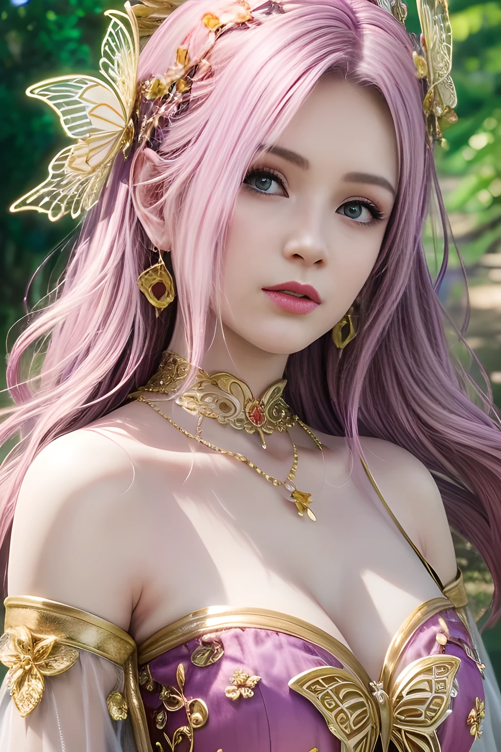 (fantasy, ethereal, ultra-detailed, masterpiece), beautiful woman with delicate features, golden hair with soft curls, wearing a pink and gold butterfly-themed gown, intricate jewelry with butterflies and flowers, glowing gemstones, fairy crown with pastel colors, soft ethereal lighting, forest background with dappled sunlight, magical, dreamlike, photorealistic, soft expression