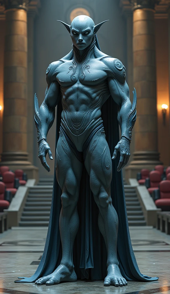 there is a man standing in front of a door with three gold statues, still from a music video, comicbook art, blue - ray screenshot, in the art style of quetzecoatl, supervillains, dbz, the sphinx, 2013, premiere, costume design, gray men, 27, by Nōami, singapore ( 2 0 1 8 ) --auto --s2