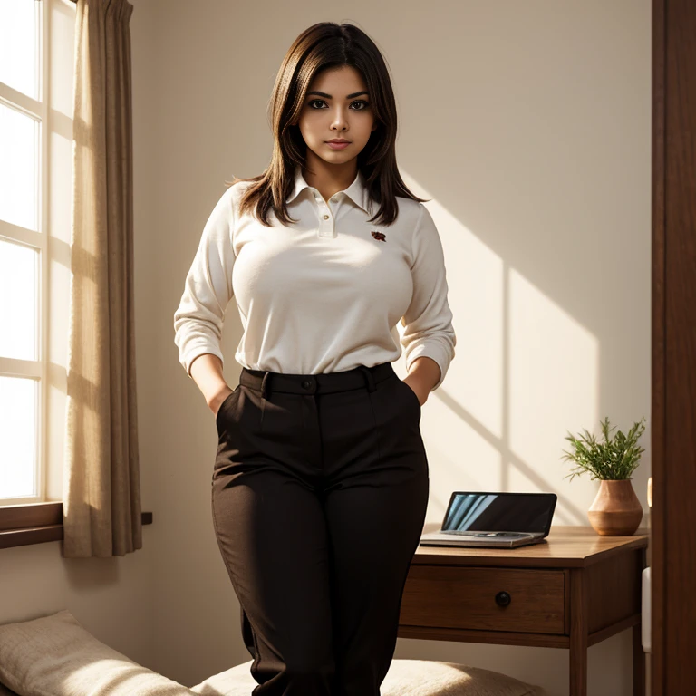 24 years old, girl, white t-shirt, long blouse cardigan, black skinny jeans, black hair, indonesian girl, smile, with heels, office, standing, enjoying, perspective, loveable. best quality, realistic, photorealistic, (intricate detail: 1.2), (fine detail), (cinematic light), clear lines, sharp focus, realistic face, detailed face, unity 8k wallpaper, very high resolution, (photorealistic: 1.4), She was looking at the office