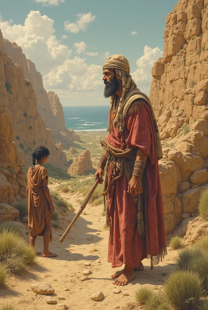 Animated image of a Muslim man standing tall with a large body carrying his very old mother behind him in the desert.