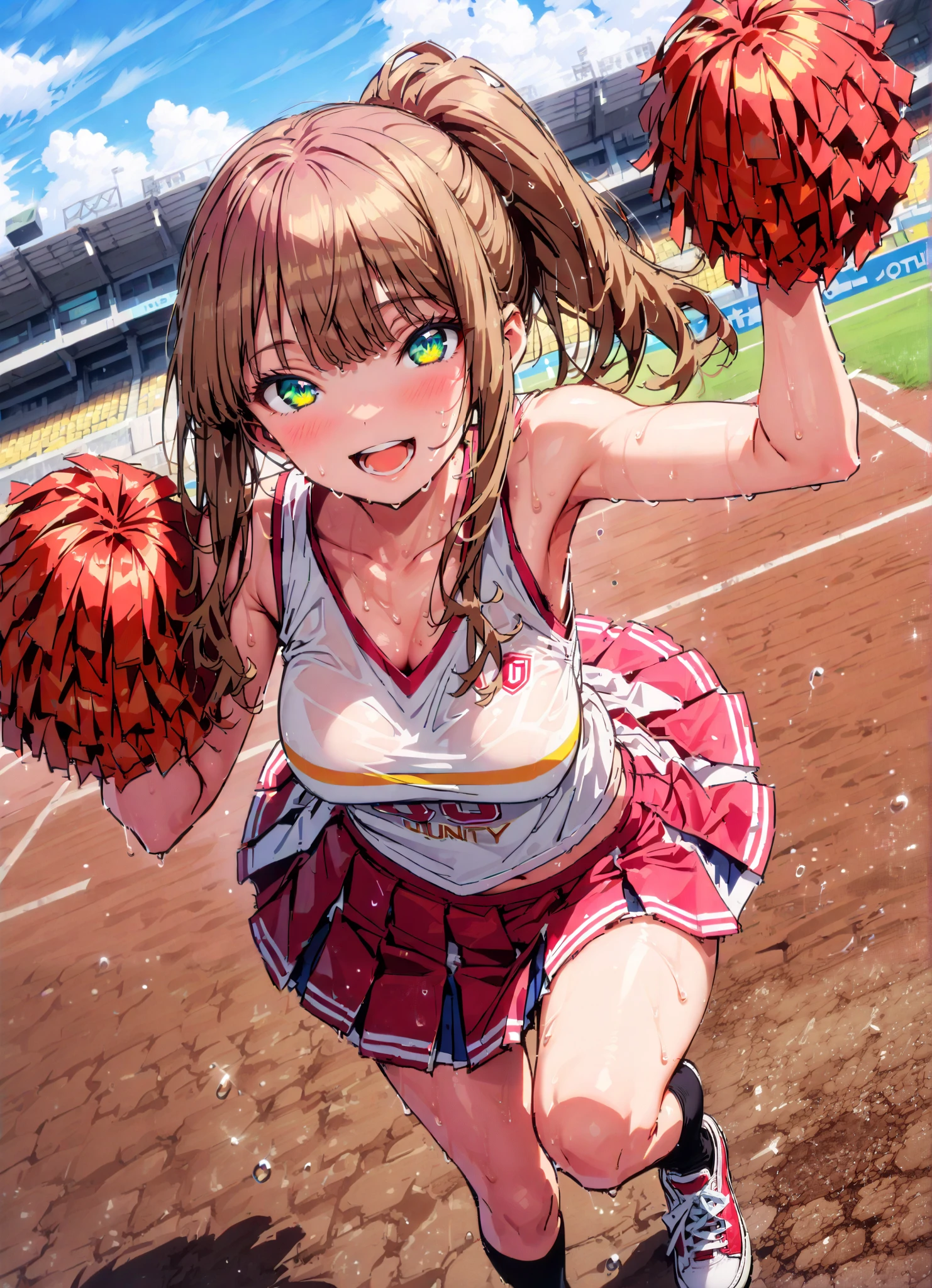 score_9, score_8_up, score_7_up, source_anime,yume minami, long hair, brown hair, green eyes, bungs,smile,cover,open your mouth,ponytail from Yubi's point of view, Glowing Skin,Medium breast,(cheerleading), (full body), on chest, (made me sweat), made me sweat Wet Clothes, (white clothes),sleeveless, pleated skirt,black socks,sneakers with a ladyback letter, stomach button support , playground, (jump), (jump), 両足を曲げてjumpする, , blue sky, Compa, smile,cheerleader, Pom-pom \(cheerleading\) real hair ornaments,angle from below,full bodyがイラストに入るように,break outdoors,Stadium,
break looking at viewer,full body,
break (masterpiece:1.2),best quality , kampala,Unity 8k Wallpaper,(shape:0.8),( fine, beautiful eyes :1.6),It's a person ,full body写真,CG Details , (perfect hands,complete anatomy),