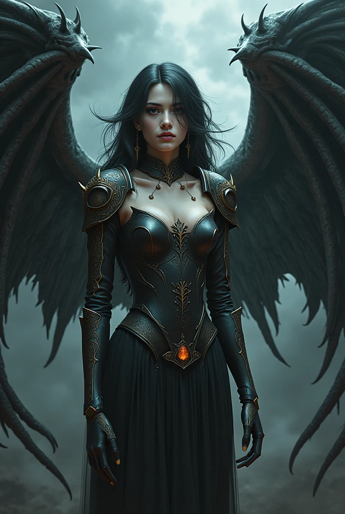 Divine judgement, A beautiful angel woman with huge wings, giant horns, facing forward, with a blindfold, in a melancholy pose, with a beautiful sharp face, ultra-detailed, hyper realistic, cinematic lighting, dark moody colors, dramatic shadows, intricate details, ethereal, fantasy, elegant, photorealistic, body armor, showing no emotion, grey skin