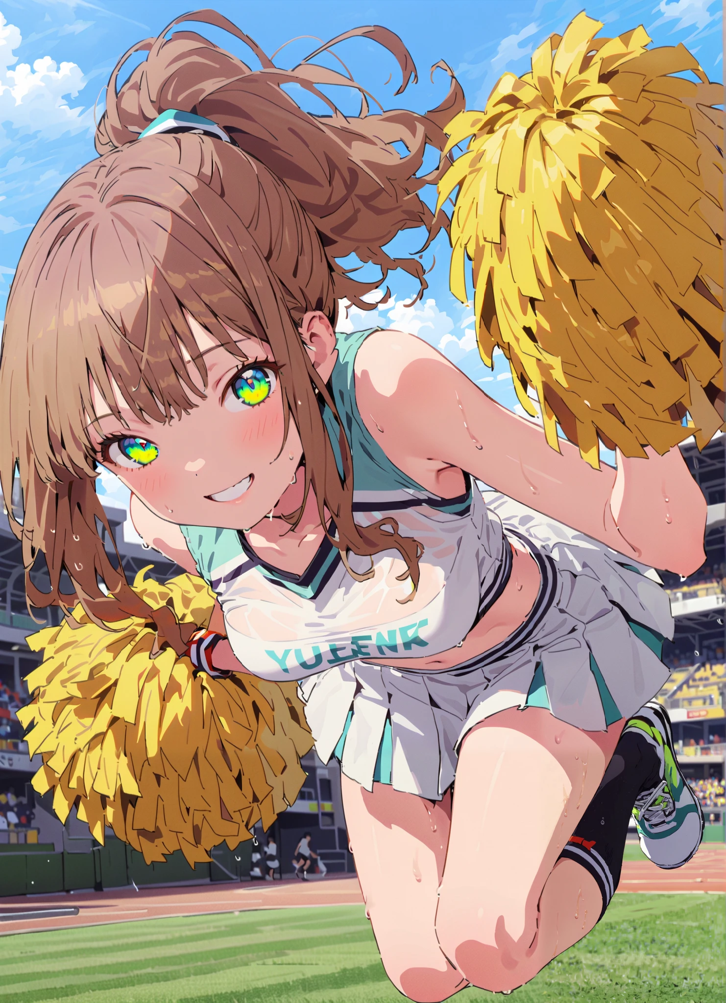  yume minami, long hair, brown hair, green eyes, bungs,smile,cover,open your mouth,ponytail from Yubi's point of view, Glowing Skin,Medium breast,(cheerleading), (full body),  on chest, (made me sweat), made me sweat Wet Clothes, (white clothes),sleeveless, pleated skirt,black socks,sneakers with a ladyback letter,  stomach button support , playground, (jump), (jump), 両足を曲げてjumpする, , blue sky,  Compa, smile,cheerleader, Pom-pom \(cheerleading\) real hair ornaments,angle from below,full bodyがイラストに入るように，break outdoors,Stadium,
break looking at viewer,full body,
break (masterpiece:1.2),best quality , kampala,Unity 8k Wallpaper,(shape:0.8),(  fine, beautiful eyes  :1.6),It's a person ,full body写真,CG Details , (perfect hands,complete anatomy),