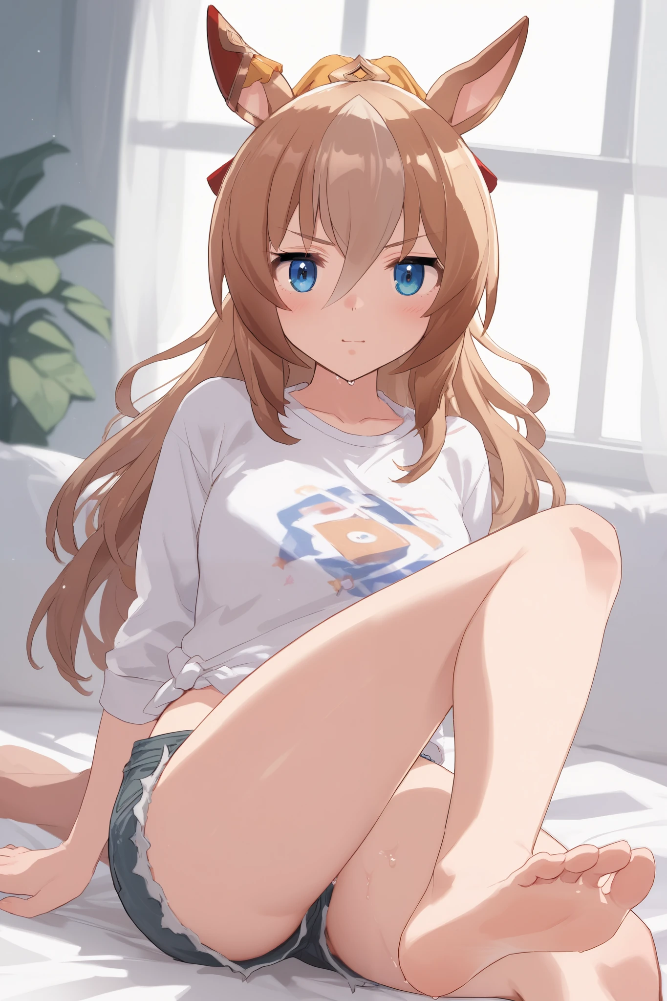 Durandal \(umamusume\), 1 girl, Alone, anime style,cute girl,Best Quality, super detailed, anime style,8k, high resolution, detailed images,((White shirt)),((blue micro mini denim shorts)),morning,((Sitting in a shallow sea)),((shy and embarrassed face)),and my cheeks are dyed slightly red,looking here,((my whole body is wet)),bare feet,(thigh to upper body upper-body image), image from an oblique front ,Character's Upgraded Image,((smooth thighs)),high quality of wavy lines,high image quality,最high image quality,((An upshot from the thigh))
