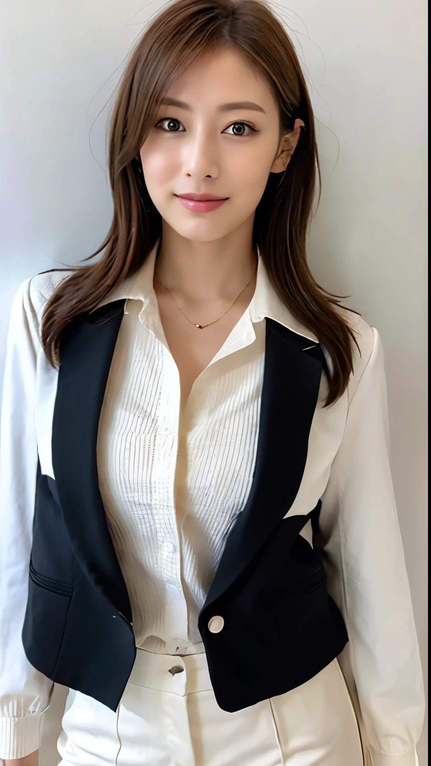 mix4, (raw photo),(best quality), (photorealistic),( white background:1.2), ,,a girl, upper body, high detail face, smile,[ash blonde | ginger | brown gray hair], Fujifilm XT3, High-waisted pants in a neutral tone like beige or camel or silver or blue, paired with a silk blouse and structured blazer, create a polished and powerful look,