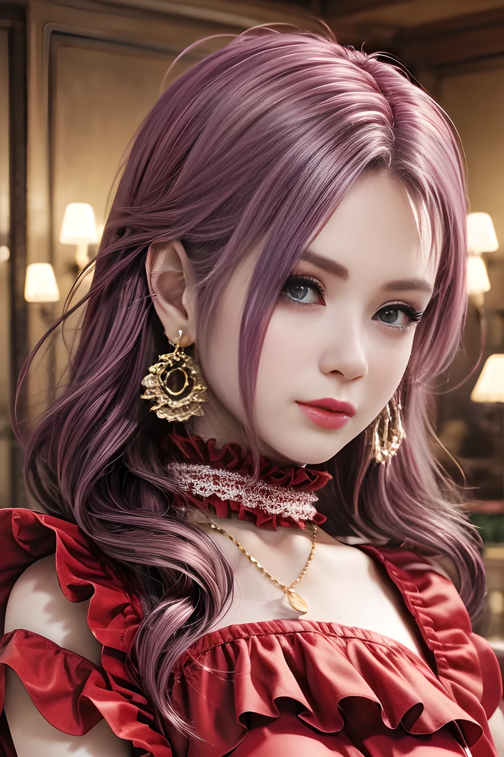 A woman exudes elegance and sophistication in a chic red outfit (Ruffle Detail: 1.4). With soft, voluminous curls and simple earrings, she stands confidently with a calm expression. The background is a modern, cozy interior with soft lighting, the overall vibe is stylish, warm, and sophisticated. Photorealistic, high detail, soft lighting.