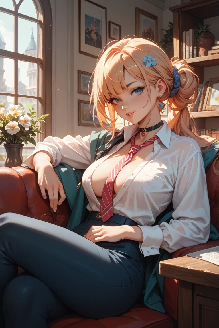 monika, green eyes, brown hair, very long hair, ponytail, hair ribbon, white ribbon, sexy, nude, perfect breasts, monika, Monika sitting in a chair, reading a book in a classroom, flawless hands, 5 fingers on each hand, detailed hands, detailed eyes, perfect eyes, 8K resolution, Japanese anime style, intricate, illustration style, 2D, vibrant color, high contrast, expansive, full-body.
