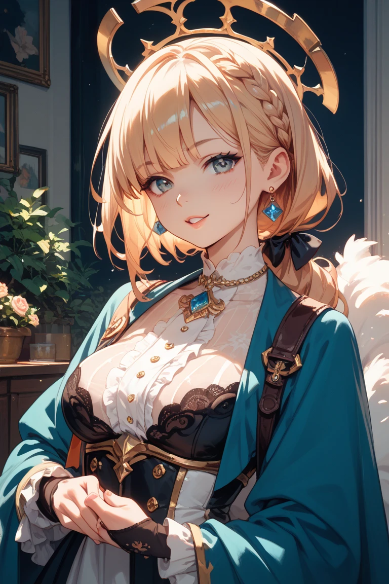eleonora　girl with　masutepiece, ((hyper detailed background, Delicate pattern, intricate detailes)), (Highly detailed, Fine details), Best Quality, Beautiful lighting, ((medium breasts, Slim Girl))   student clothes　‎Classroom　schools　a smile