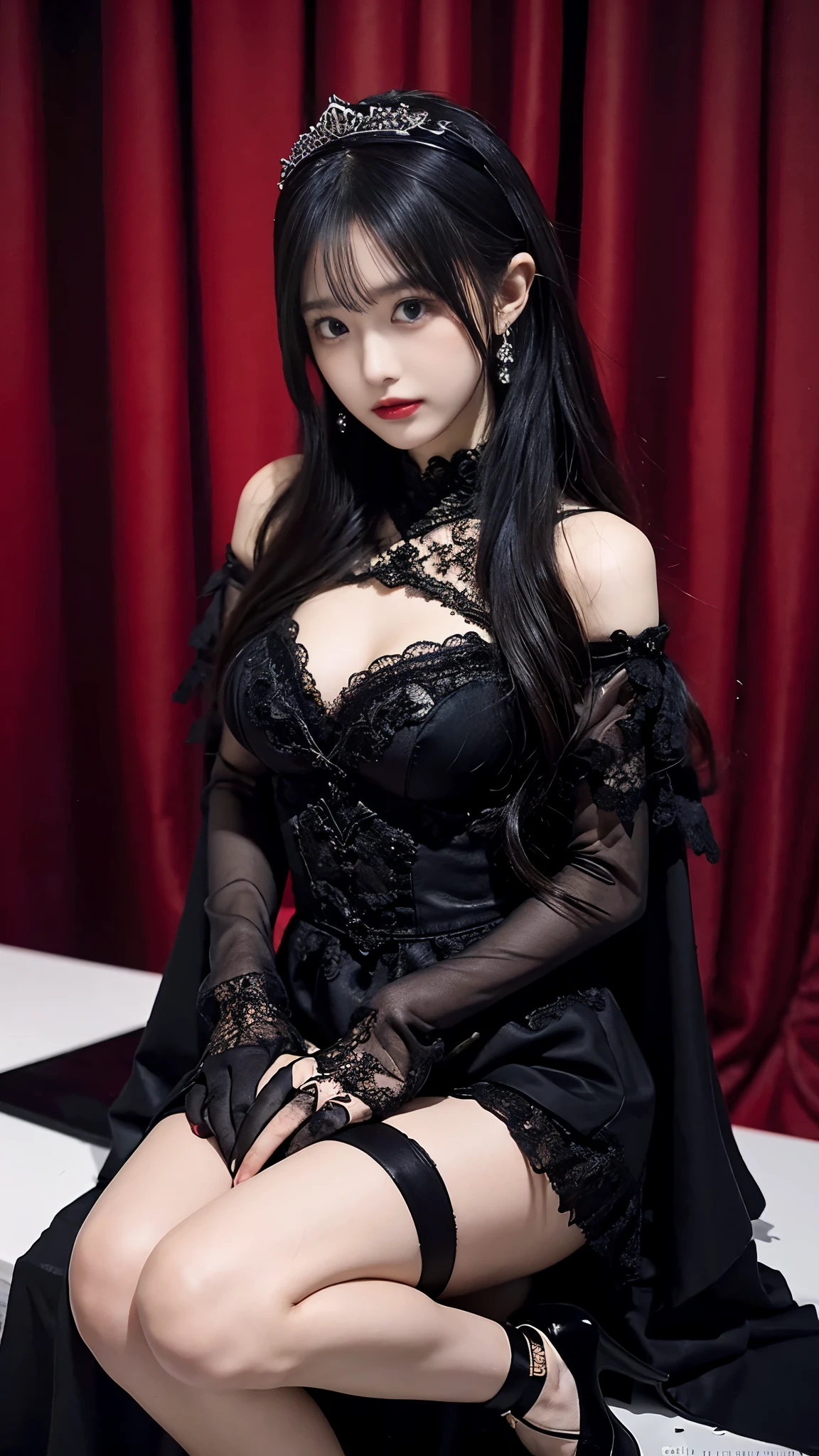 Beautiful 20 year old woman、 A peerless beauty, Extraordinary beauty, Enchanting, Dark Gothic Makeup, Bell Sleeves、Wizard Sleeve, Black maid outfit、Dark Gothic、Long dresses、Gothic Lolita, garter belt、Knee-high socks、pantyhose, Twin tails、Black dark eyeshadow、Visual Lock、Good skin radiance、Lace pink、Long Hair Straight Hair、Dark Gothic Makeup, Black hair color, Looking up from below, Deep Night Sky, Inside the church, Stained Glass Background, masterpiece, 最high quality, high quality, High resolution, Please kneel down, (Gothic Lolita), Plump thighs,