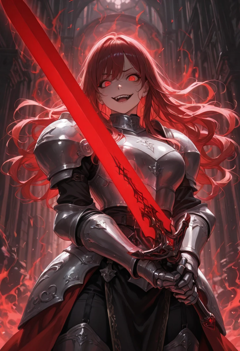 ((solo)), amazing masterpiece, top quality, high fashion, absurdres extremely, HDR, intricate details, vivid colors, cool female, The face of a peerless beauty, long hair, wavy hair, crazy smile, glowing red eyes, Female knight costume, gauntlet, glowing huge sword, A confident expression, nightmare aura, cowboy shot, battle stance, attacking pose, The end of the century