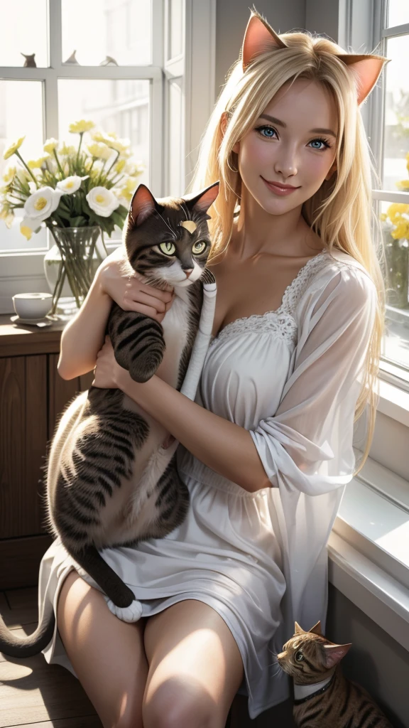 Design a heartwarming scene as the young Malay woman interacts with her beloved cat pet, big fluffy white persian cat, beautiful woman with beautiful small petite body, wear glasses, short white hair, bob haircut with bangs, small petite body, showcasing the bond between them in a cozy home setting, bright lighting, happy, 8k, high quality, ray lighting,