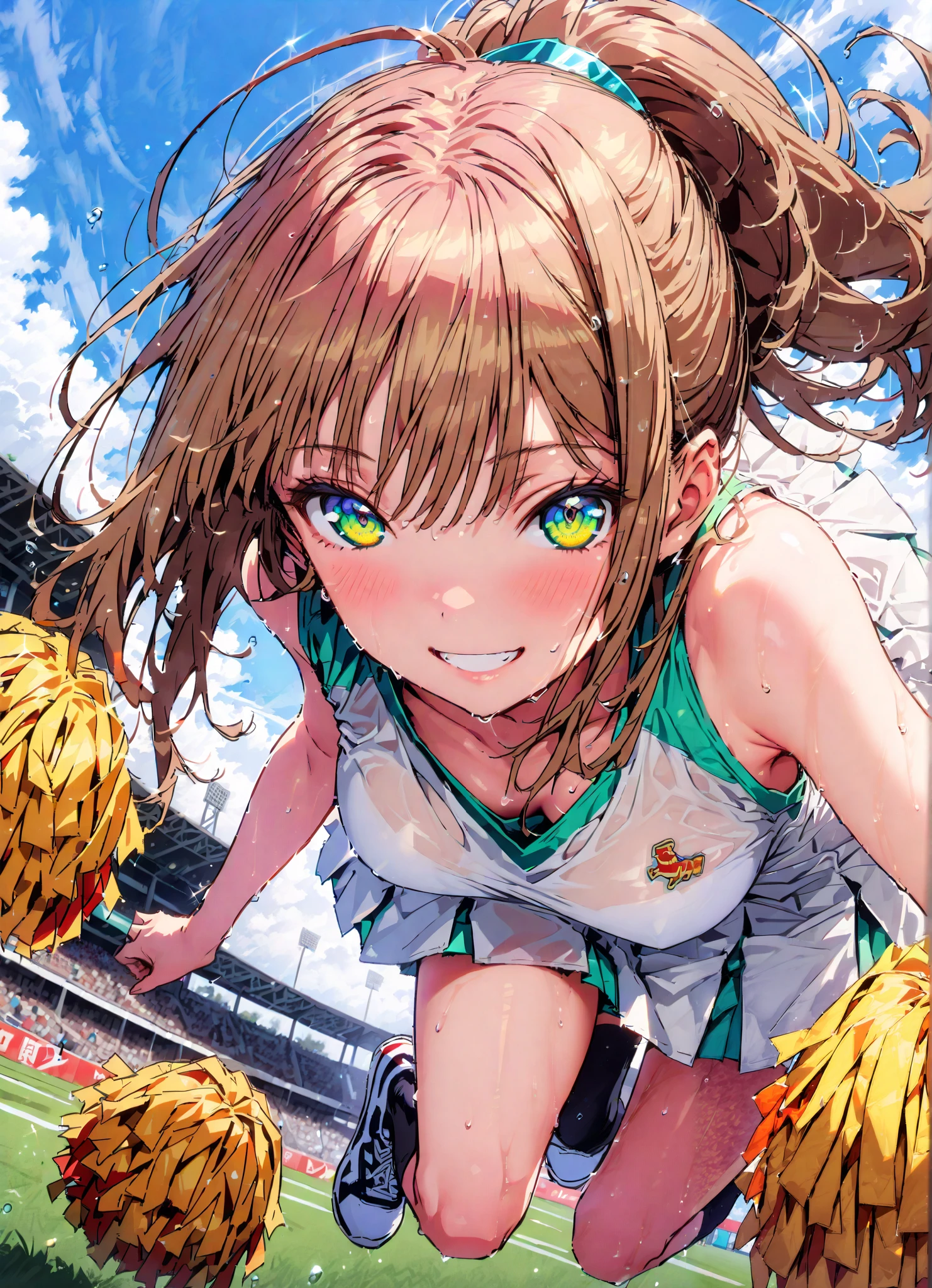 score_9, score_8_up, score_7_up, source_anime,yume minami, long hair, brown hair, green eyes, bungs,smile,cover,open your mouth,ponytail from Yubi's point of view, Glowing Skin,Medium breast,(cheerleading), (full body), on chest, (sweated), sweated Wet Clothes, (white clothes),sleeveless, pleated skirt,black socks,sneakers with a ladyback letter, stomach button support , playground, (jump), (jump), 両足を曲げてjumpする, , blue sky, Compa, smile,cheerleader, Pom-pom \(cheerleading\) real hair ornaments,angle from below,full bodyがイラストに入るように,break outdoors,Stadium,
break looking at viewer,full body,
break (masterpiece:1.2),best quality , kampala,Unity 8k Wallpaper,(shape:0.8),( fine, beautiful eyes :1.6),It's a person ,full body写真,CG Details , (perfect hands,complete anatomy),