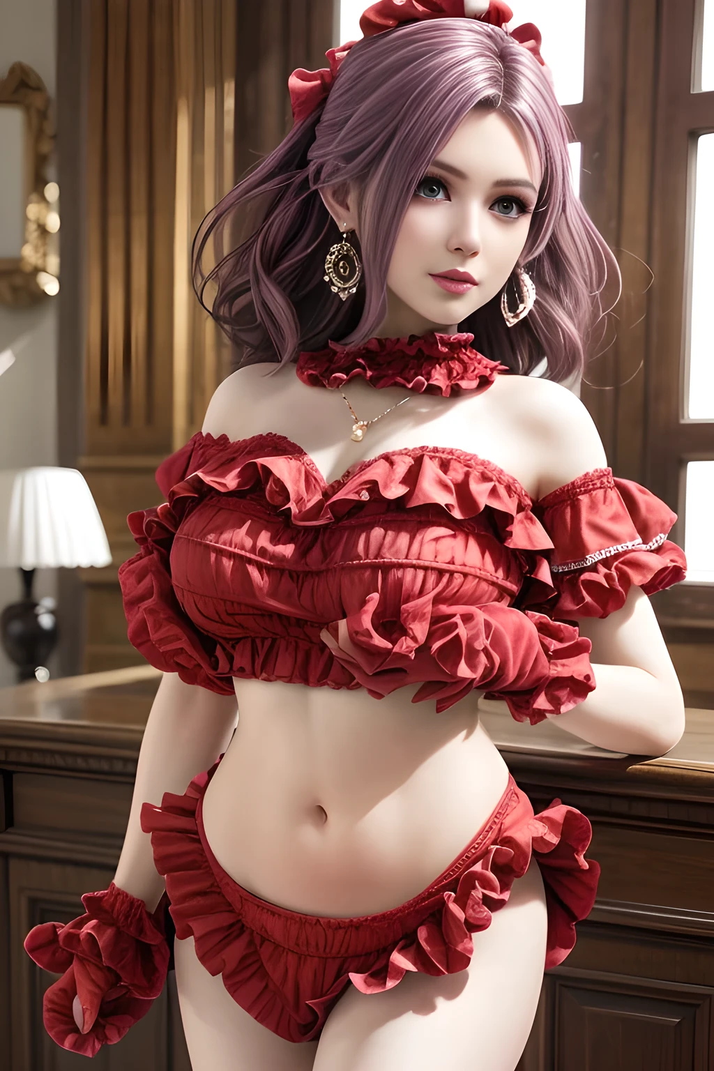 ultra realistic 8k cg, picture-perfect face, flawless, clean, masterpiece, professional artwork, famous artwork, cinematic lighting, cinematic bloom,((masterpiece)), ((best quality)), ((super quality)), ((best quality CG wallpaper)), wide shooting angle, (digital painting),

 
{23yo girl, solo, alluring fashionel,beautiful [Indian:American:0.7] beauty}, long eyelashes, hourglass body, juicy lips,light_skin_female,pin up style,sexy smile,silky hair, toned legs, long neck, big boobs,beautiful woman,very sexy appearance, seductive , rosy cheeks, smooth skin, long hair, white eyes, big breasts, facial details, cleavage cutout,big thighs,hourglass body, (f-cup boobs, cleavage),

-Hair:detailed hair,detailed bangs, (hair between eyes:1.2),(violet hair,avant-garde wavy haircut:1.4),

 ((honey  colour eyes:1.2)),

 -Make-up:(red eyeshadow,dark mascara,winged eyeliner), thick super long glitter lashes,(full juicy lips, shimmering metallic lipstick:1.2). 

(hourglass body:1.3), ultra detailed, best illustrated, showing off, seductive_pose, sexy eyes,,full body portrait,(full body:1.3),((wearing Victoria's Secret Very Sexy Dream Angels Unlined Lace Triangle Crotchless Babydoll:1.2)),


The background is a luxurious, softly-lit setting, with dramatic studio 3D glamour lighting and backlighting to create a halo effect. The image is captured in ultra high definition with ultra sharp focus, highlighting every detail with vibrant colors. This production cinematic character render aims to showcase the model in a glamorous, high-fashion style. professional photoshot, incredibly beautiful woman in the form of VICTORIA'S Secret model, elegant wild beauty and attractiveness, seductiveness and inaccessibility, beautiful, photoshot for fashion magazines, sensual, ultra detailed, midjourney,Backlit,Backlight, Dramatic Studio,3D Glamour Lighting,Backlit,Backlight,front view,Long Shot,Professional Photography,midjourney,More Detail,1 girl