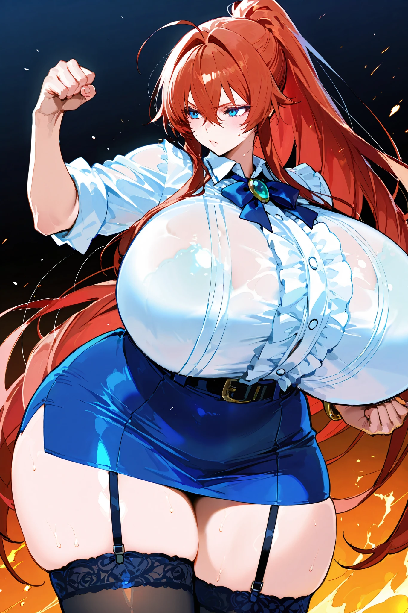 (Perfect body),Best Quality,16 K、((White blouse))、Blue tie、(sleeve less)、((Blue miniskirt))、Blue striped panties、:D、I have my mouth wide open、(asymmetrical bangs)、(((Longhaire)))、(Blue eyes),((Orange hair)),(Sweat)、(Big ass)、huge-breasted、(((thick thighs)))、Armpits、(Inside the spaceship)