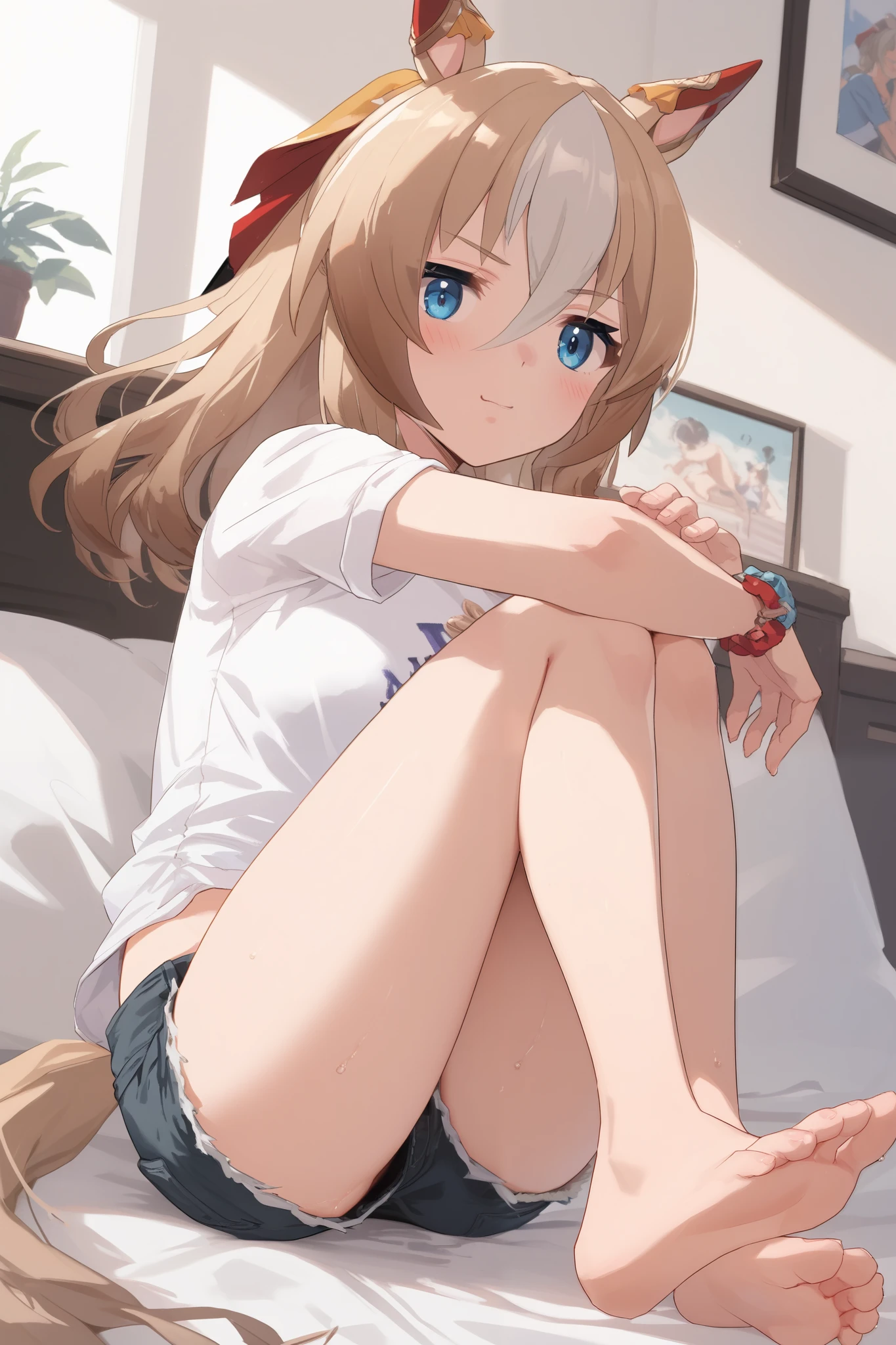 Durandal \(umamusume\), 1 girl, Alone, anime style,cute girl,Best Quality, super detailed, precise face,8k,cute face, high resolution, detailed images,((White shirt)),((blue micro mini denim shorts)),morning,((Sitting in a shallow sea)),((shy and embarrassed face)),and my cheeks are dyed slightly red,looking here,((my whole body is wet)),bare feet,(thigh to upper body upper-body image), image from an oblique front ,Character's Upgraded Image,((smooth thighs)),high quality of wavy lines,high image quality,最high image quality,((An upshot from the thigh))