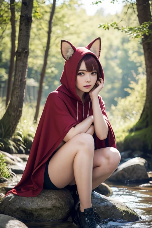 Young magical girl, Hooded cloak, fox ears, sexy, underwear, in forest, underboob,