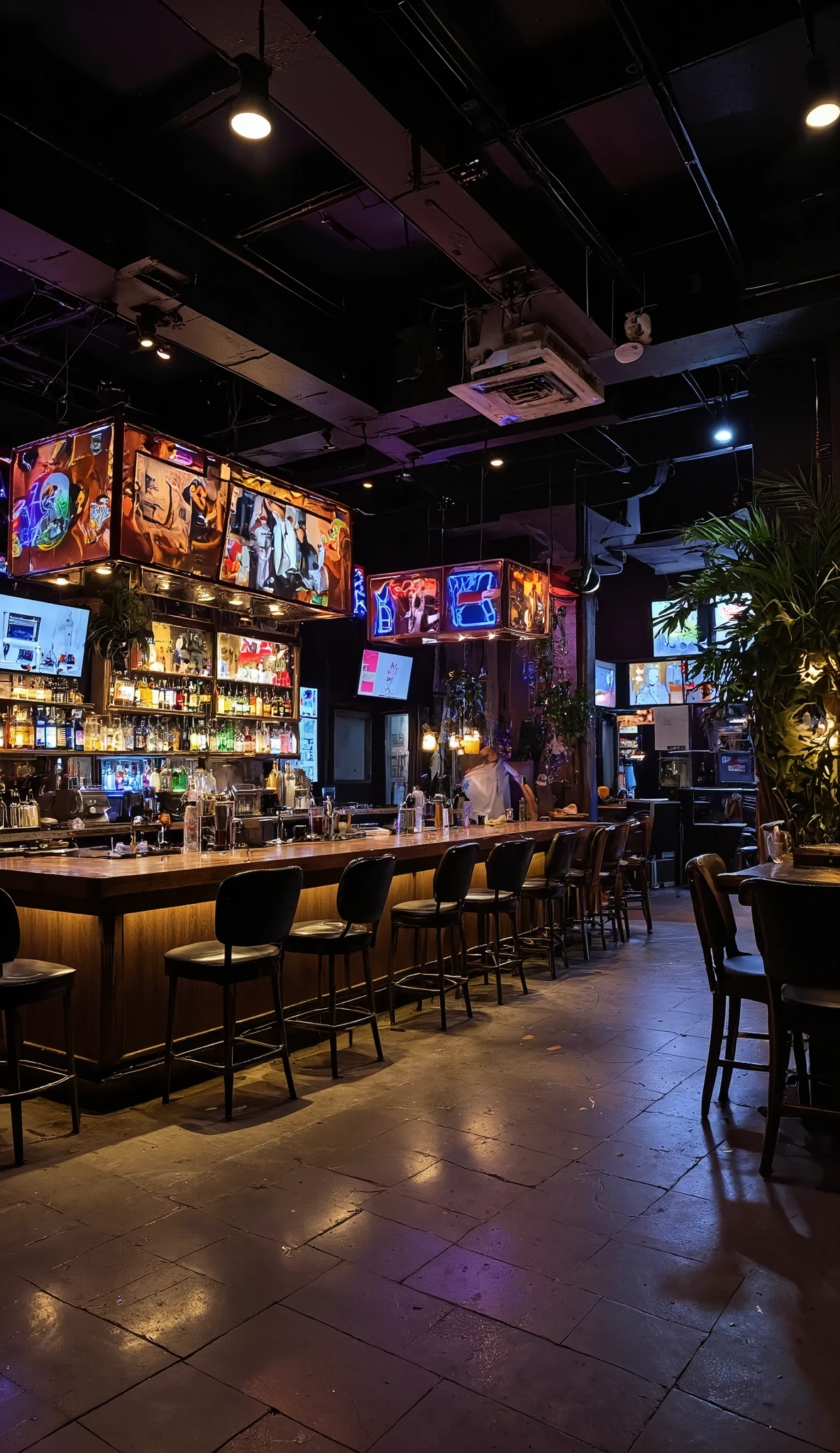 Realistic photo of a bar with modern decorations at night, real photography, overexposed, underexposed