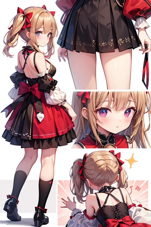 Masterpiece: 1.6, best quality: 1.4, live image: 1.2, intricate details: 1.2, charturnerv2: 1.2, 1lady full body character change, Appearance: young: 1.25, thin: 1.3, blue eyes, thick eyelashes,medium breasts, detailed eyes, quality eyes, Clothing: black shirt, red skirt, bubble skirt Accessories: red bow, red ribbon, Hair: blonde hair, short hair, semi curly hair, natural, shiny skin, (single background, white background:1.8), transparent Background, multiple views, multiple views of the same character in the same outfit: 1.3., character sheet: 1.2, multiple facial expressions: 1.3, seductive smile, sexy, shaded face, white legwear, white thighhighs,
