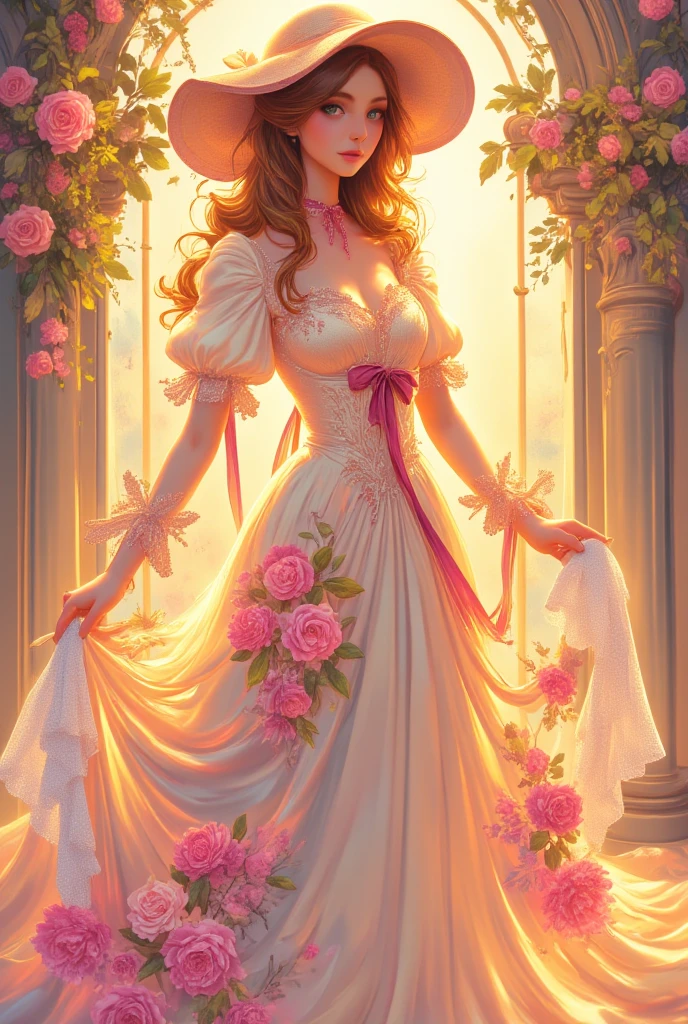 A lovely woman (sheer shimmering over exposed evening dress, safe for work), dancing and enjoying herself in a gala full of bright flowers, fairyland