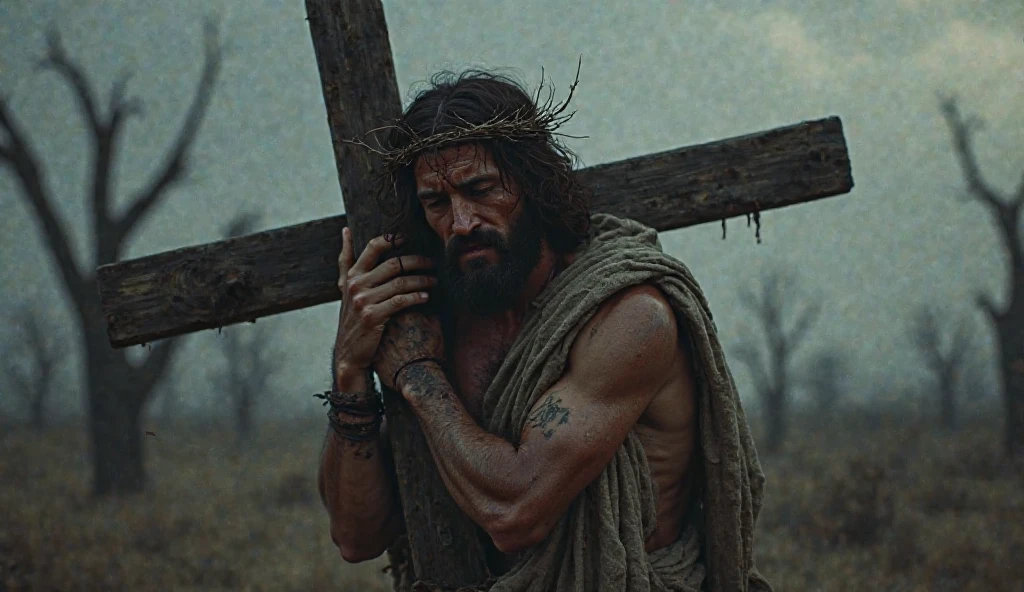 Jesus Christ carrying the cross bleeding a lot and suffering to carry the cross and almost falling to the ground from exhaustion with his clothes torn and marks of whiplash on his torso
