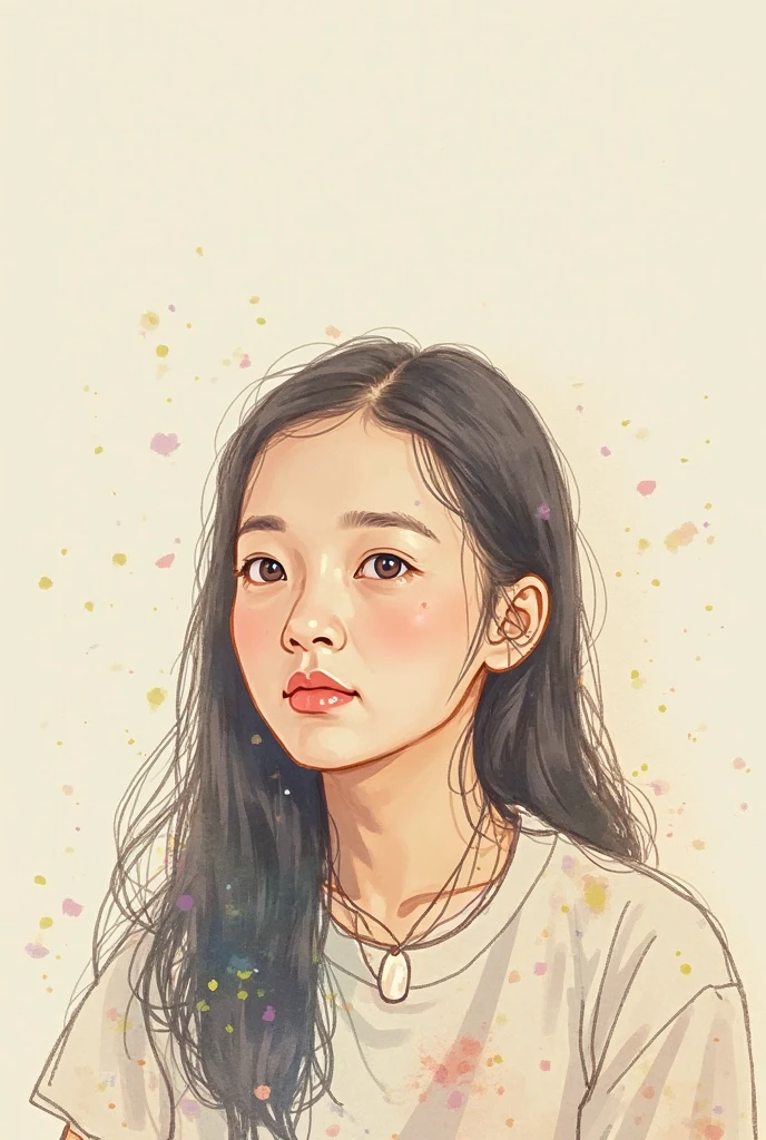 Hand-drawn watercolor illustration, One Girl,north korea、north koreaの中学生,north koreaの学生服、Black hair(Bob Hair、forehead)15 years old, smile,cute, cute, Simple, Pencil line drawing