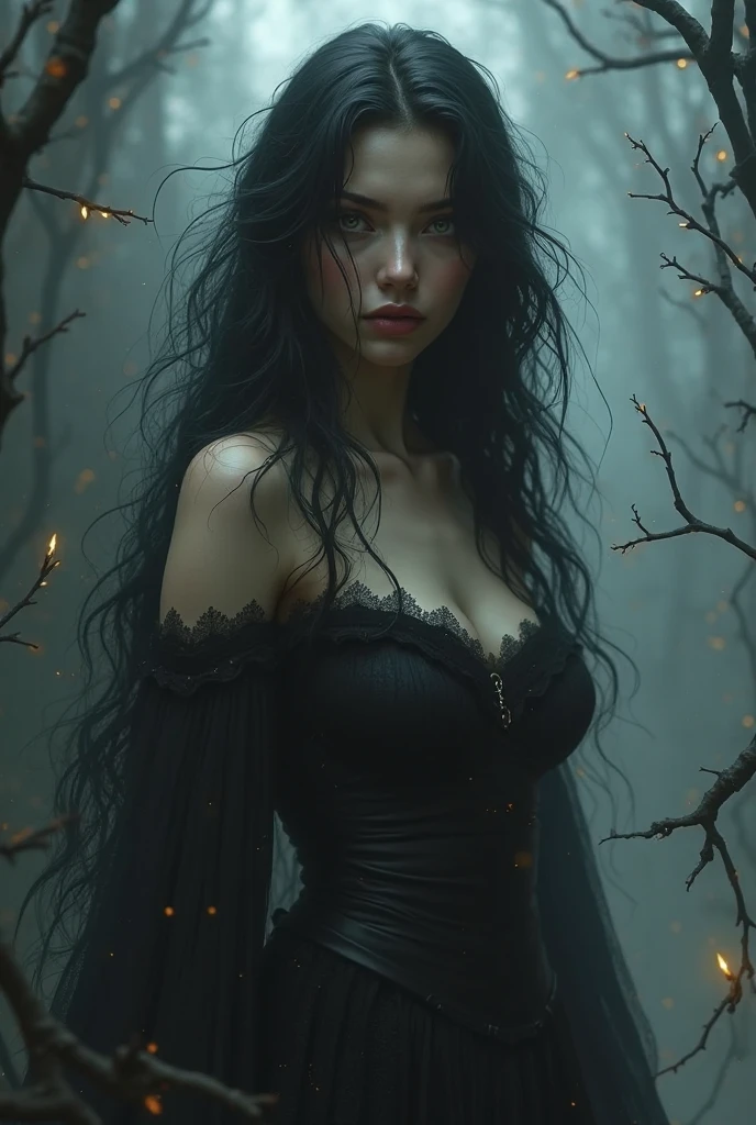 Game character style, Black long hair, black eyes, black indian dress, dark-colored skin