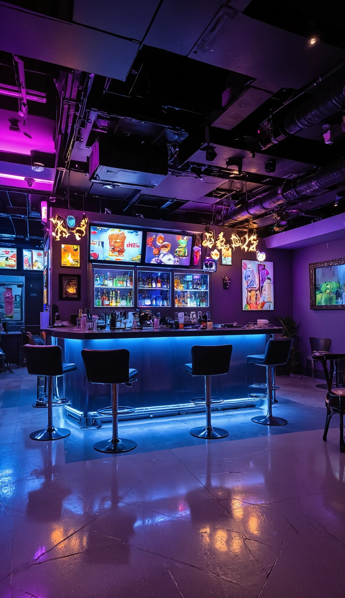 Realistic photo of a bar with modern futurisric decorations at night, real photography