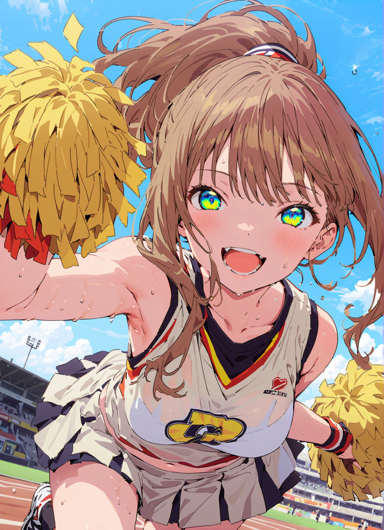 yume minami, long hair, brown hair, green eyes, bungs,smile,cover,open your mouth,ponytail from Yubi's point of view, Glowing Skin,Medium breast,(cheerleading), (full body), on chest, (made me sweat), made me sweat Wet Clothes, (white clothes),sleeveless, pleated skirt,black socks,sneakers with a ladyback letter, stomach button support , playground, (jump), (jump), 両足を曲げてjumpする, , blue sky, Compa, smile,cheerleader, Pom-pom \(cheerleading\) real hair ornaments,angle from below,full bodyがイラストに入るように,break outdoors,Stadium,
break looking at viewer,full body,
break (masterpiece:1.2),best quality , kampala,Unity 8k Wallpaper,(shape:0.8),( fine, beautiful eyes :1.6),It's a person ,full body写真,CG Details , (perfect hands,complete anatomy),