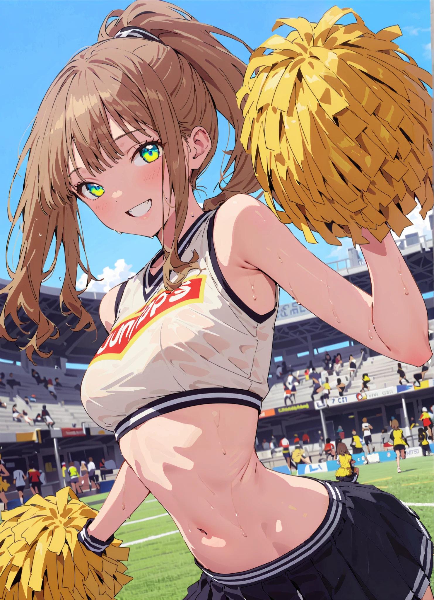 yume minami, long hair, brown hair, green eyes, bungs,smile,cover,open your mouth,ponytail from Yubi's point of view, Glowing Skin,Medium breast,(cheerleading), (full body), on chest, (made me sweat), made me sweat Wet Clothes, (white clothes),sleeveless, pleated skirt,black socks,sneakers with a ladyback letter, stomach button support , playground, (jump), (jump), 両足を曲げてjumpする, , blue sky, Compa, smile,cheerleader, Pom-pom \(cheerleading\) real hair ornaments,angle from below,full bodyがイラストに入るように,break outdoors,Stadium,
break looking at viewer,full body,
break (masterpiece:1.2),best quality , kampala,Unity 8k Wallpaper,(shape:0.8),( fine, beautiful eyes :1.6),It's a person ,full body写真,CG Details , (perfect hands,complete anatomy),