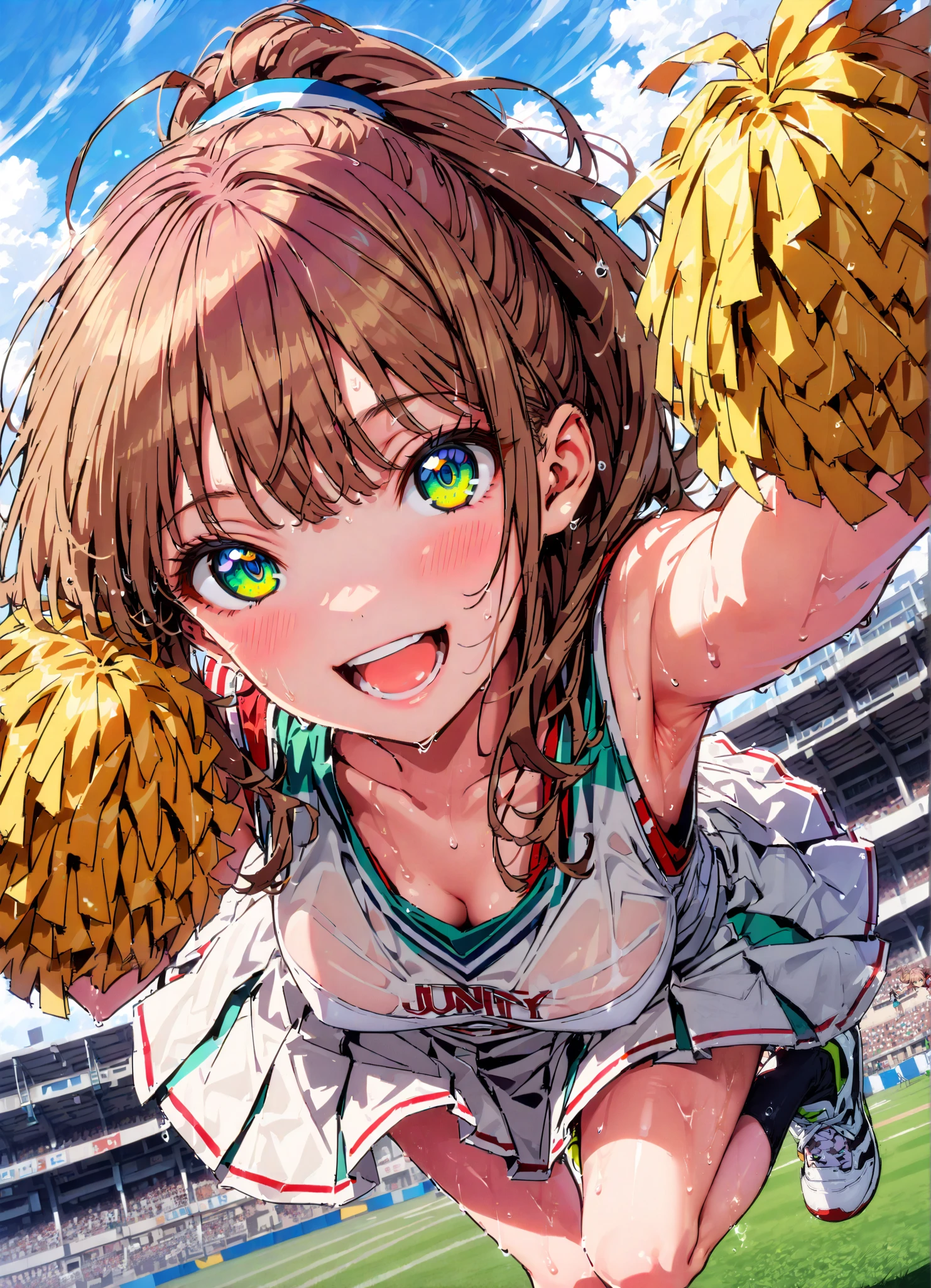 score_9, score_8_up, score_7_up, source_anime,yume minami, long hair, brown hair, green eyes, bungs,smile,cover,open your mouth,ponytail from Yubi's point of view, Glowing Skin,Medium breast,(cheerleading), (full body), on chest, (sweated), sweated Wet Clothes, (white clothes),sleeveless, pleated skirt,black socks,sneakers with a ladyback letter, stomach button support , playground, (jump), (jump), 両足を曲げてjumpする, , blue sky, Compa, smile,cheerleader, Pom-pom \(cheerleading\) real hair ornaments,angle from below,full bodyがイラストに入るように,break outdoors,Stadium,
break looking at viewer,full body,
break (masterpiece:1.2),best quality , kampala,Unity 8k Wallpaper,(shape:0.8),( fine, beautiful eyes :1.6),It's a person ,full body写真,CG Details , (perfect hands,complete anatomy),