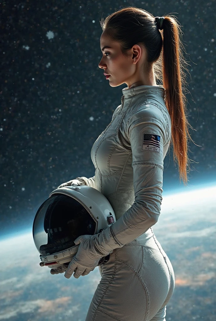 Highly detailed RAW color Photo, Rear Angle, Full Body, of (female space soldier, wearing white and blue space suit, helmet, tined face shield, rebreather, accentuated booty), outdoors, (looking up at advanced alien structure, on alien planet), toned body, big butt, (sci-fi), (mountains:1.1), (lush green vegetation), (two moons in sky:0.8), (highly detailed, hyperdetailed, intricate), (lens flare:0.7), (bloom:0.7), particle effects, raytracing, cinematic lighting, shallow depth of field, photographed on a Sony Alpha 1, 50mm wide angle lens, sharp focus, cinematic film still from Gravity 2013