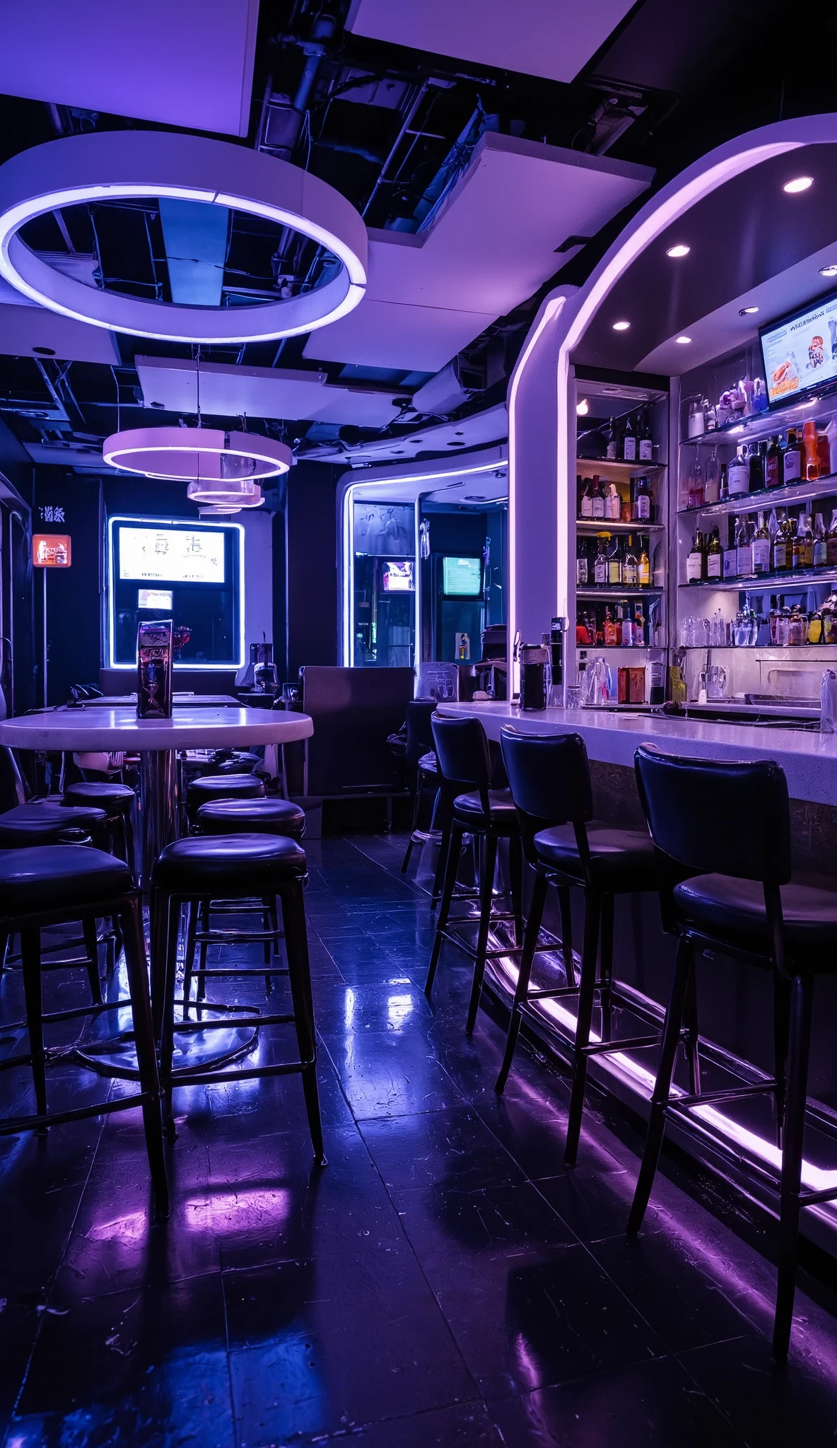 Realistic photo of a bar with modern futuristic decorations at night, real photography